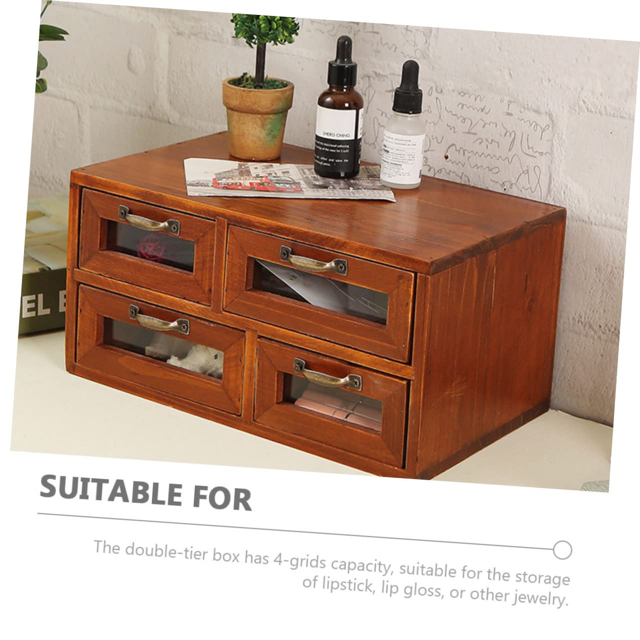 NUOBESTY Organizador de Madera con Cajones Dobles y 4 Compartimentos, Caja de Almacenamiento Versátil para Oficina y Escritorio, Diseño Cerrado Fácil de Usar