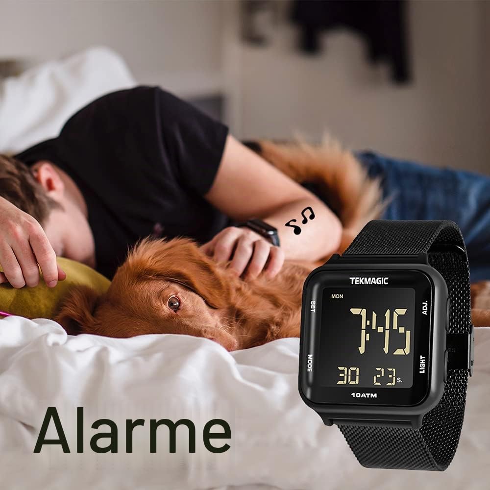 Montre Bracelet Homme Etanche 10 Atmosphérique pour Plongée et Piscine avec Bracelet en Acier Inoxydable, Chronomètre, Minuteur, Réveil, Double Fuseau Horaire, Calendrier, Format 12 ou 24 Heures