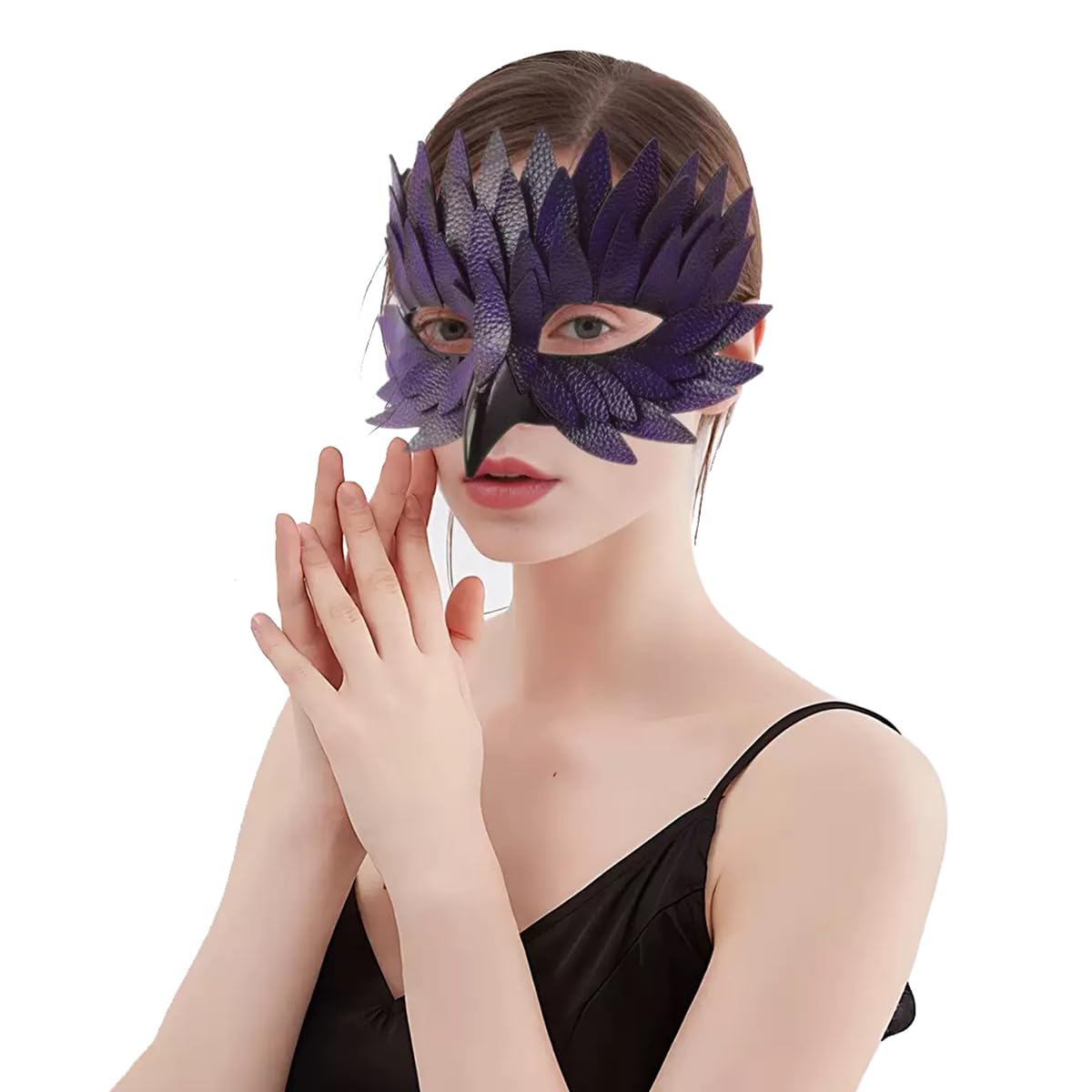 WDOPEN Halloween Half-Face Feather Mask With Bird Beak Crow Mask For Masquerade Balls, Halloween Animal Cosplay Party (Purple)