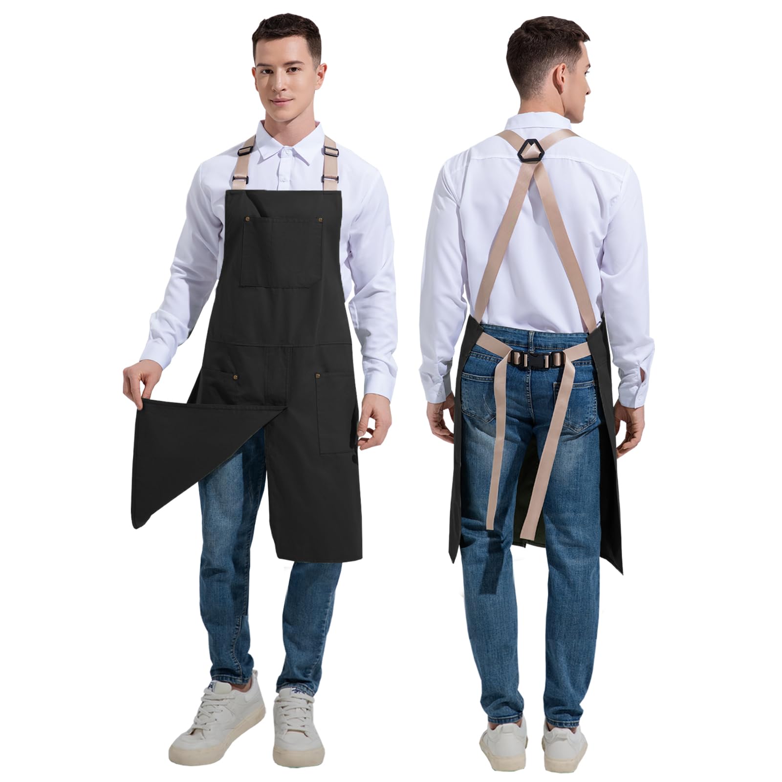 Kyuwdone Cotton Canvas Cross Back Waterproof Work Aprons Adjustable Chef Apron with Pockets for Kitchen Cooking -05BlackM