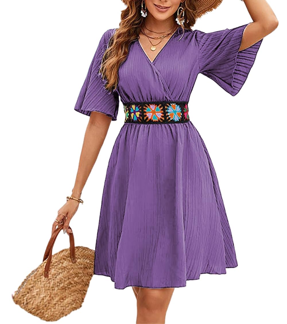 LightlyKiss Women's Elegant Purple V-Neck Short Flutter Sleeve A-Line Wrap Semi-Formal Wedding Guest Dress Fashion Embroidered Belt - Beach Vacation Casual Birthday Party