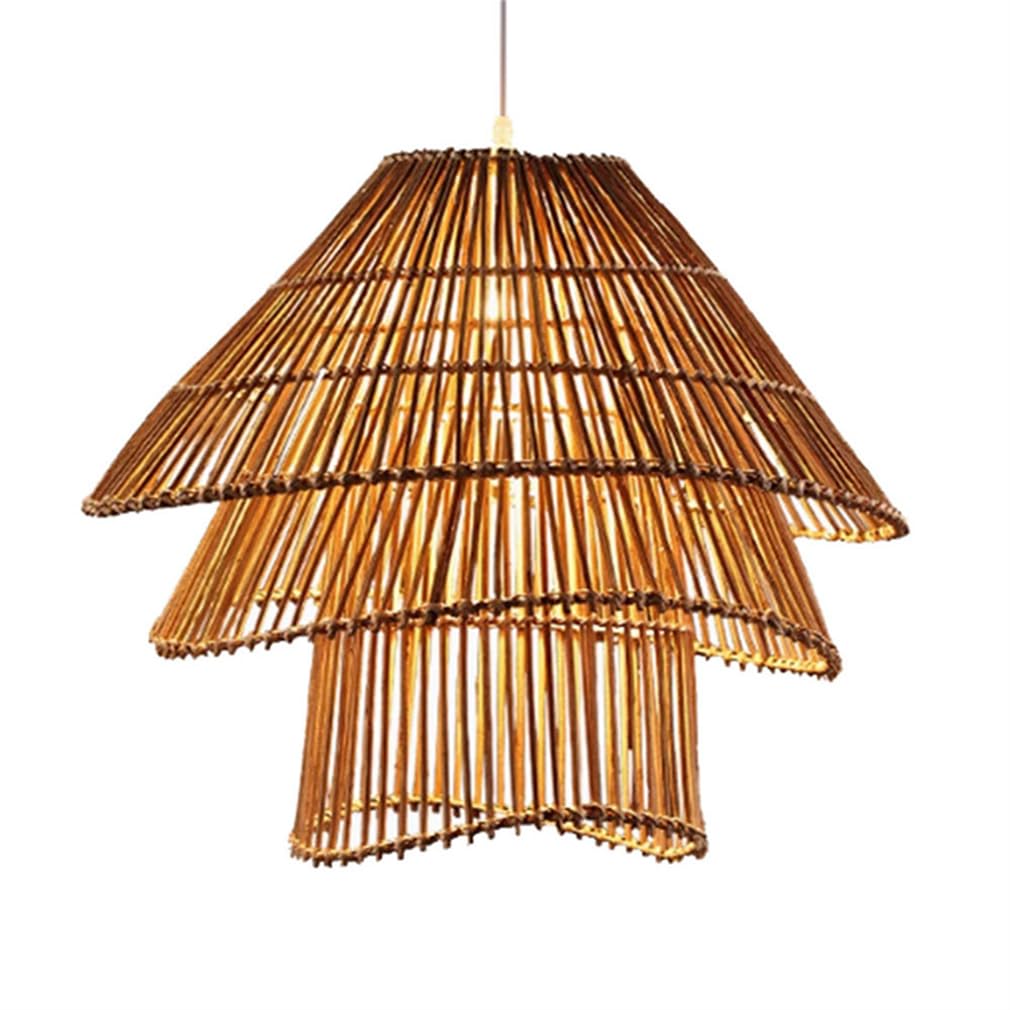 TCHAUSGZOZ Coastal Boho Rattan Pendant Light Fixture - Handmade 3-Layer Bamboo Lantern for Dining Room, Kitchen, Living