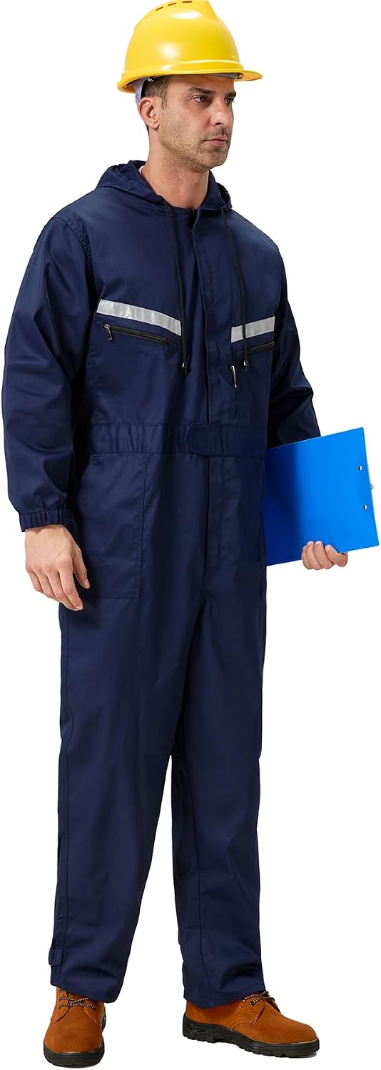 Mens Work Coveralls Mechanic Hooded Overall Workwear Jumpsuits Long Sleeve Hi Viz Coverall with Zippers