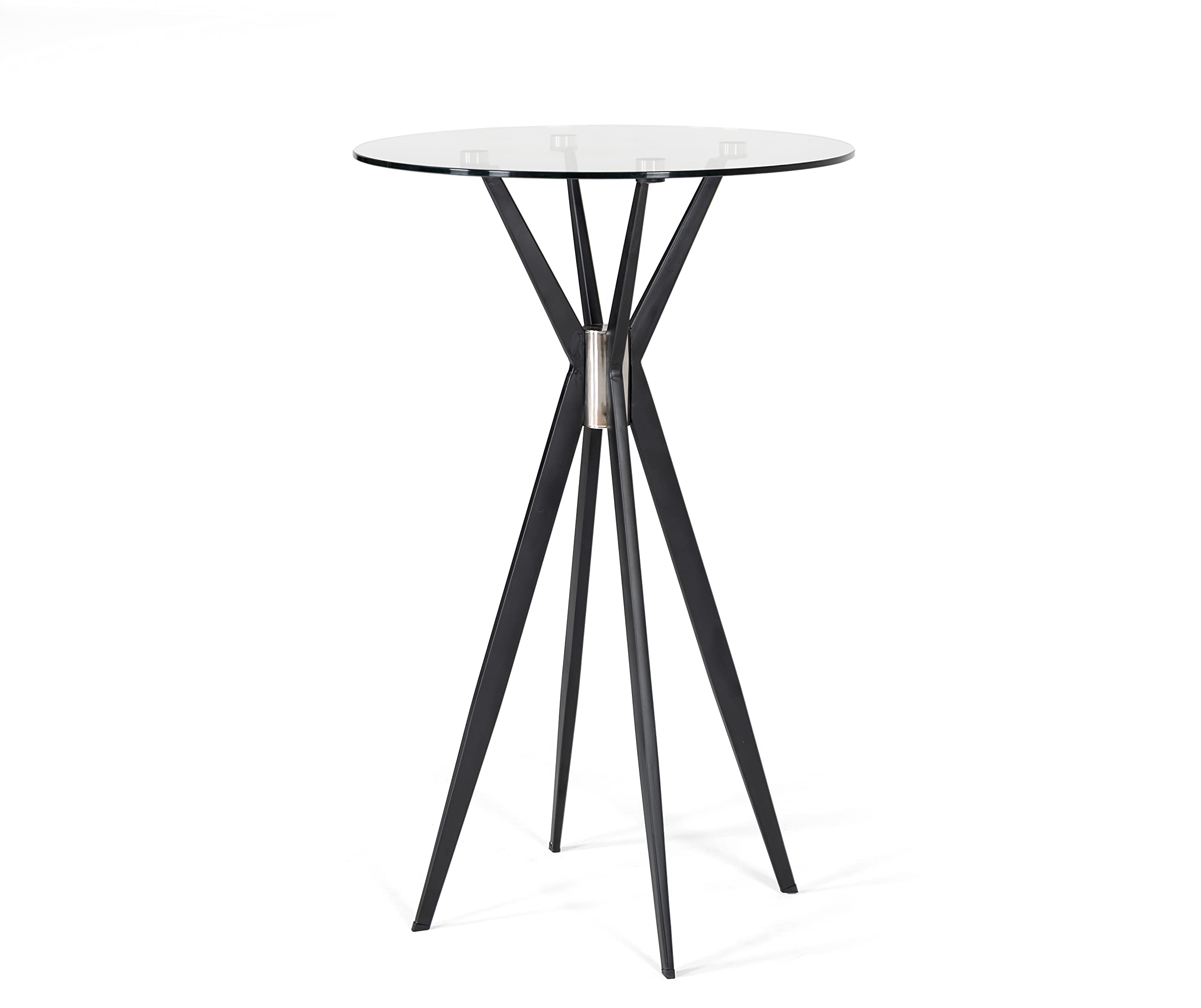 Olavi Collection Modern Style Glass Round Bar Table with Powder-Coated Metal Legs and Stainless Steel Cylindrical Support, Black