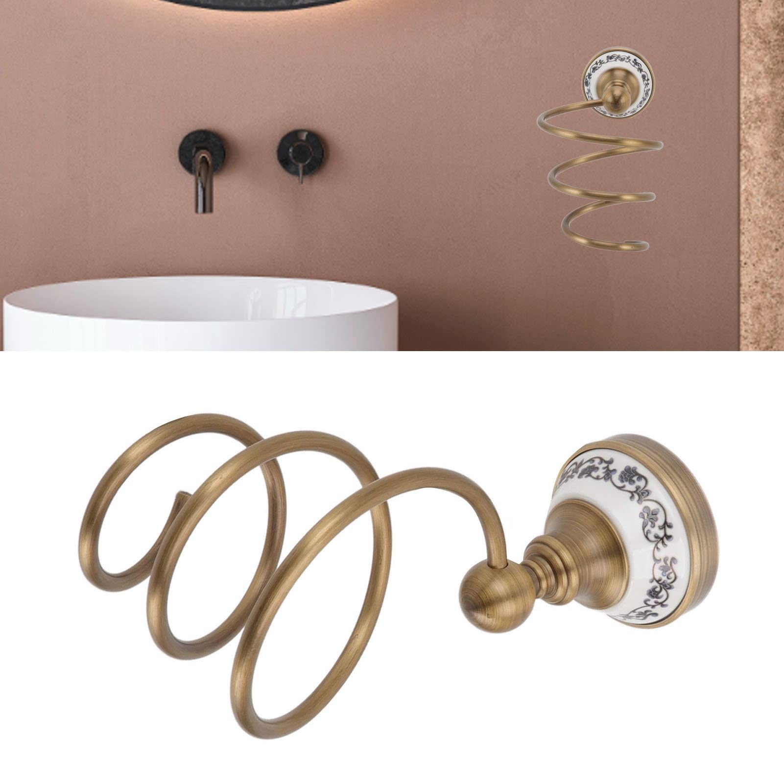 Porta Asciugacapelli Da Parete In Ottone Massiccio Antico – Supporto A Spirale Per Bagno E Barbiere – Organizer Salvaspazio - 3