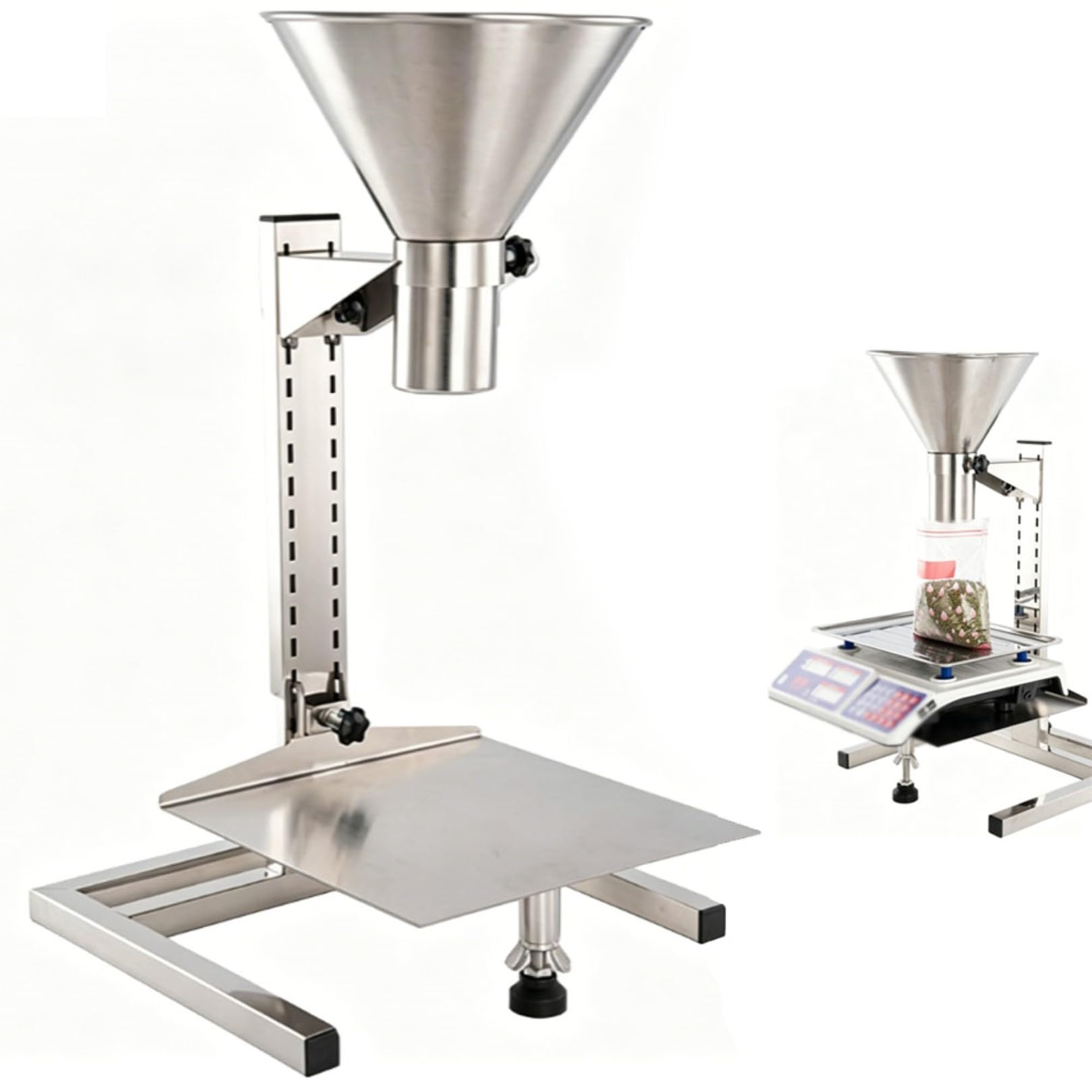 Tolva de Alimentación de Acero Inoxidable con Soporte y Bandeja Ajustables, Soporte de Llenado de Altura Ajustable de 50 Kg Para Empaque de Polvo, Líquido y Gránulos 8cm
