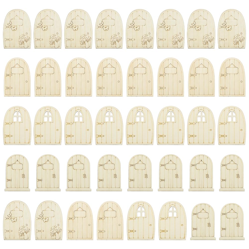 Ieron 40 pcs Fairy Door Craft Kit, Unpainted Wooden Fairy Door, Wooden Fairy Doors for Garden Home Party Decoration
