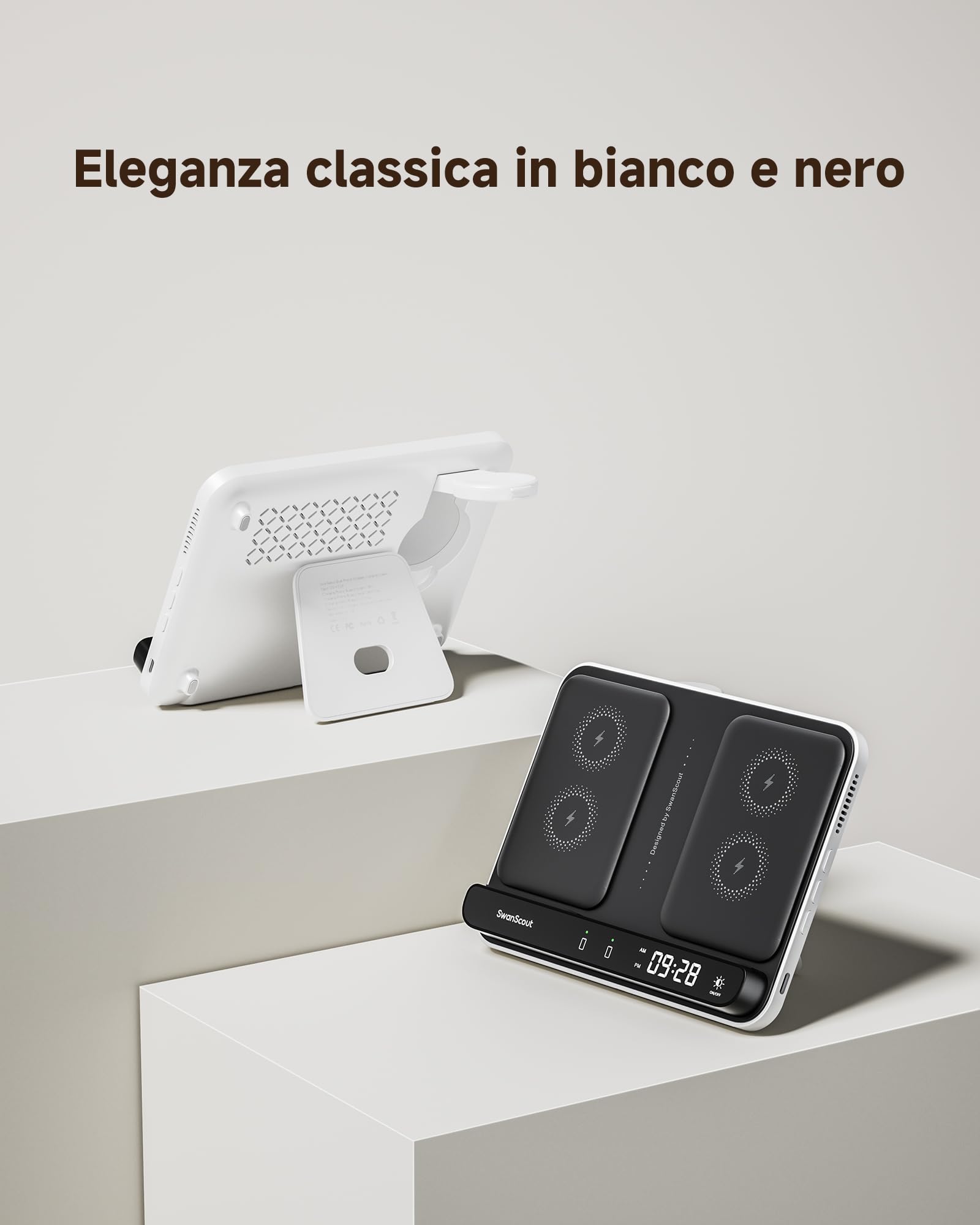 SwanScout Caricatore Wireless per Samsung Galaxy S25 Ultra/S25/Z Flip 7/Z Fold 6, Doppia Stazione di Ricarica per iPhone 17/16/15 Series, Caricatore per Galaxy Watch 8/8 Classic/Ultra, SwanScout 710S