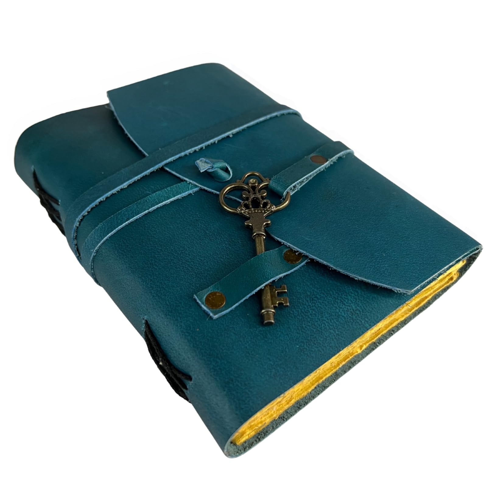 Leather Diary Journal | Premium Buffalo Leather | Handcrafted in India | Raw Pages | Ideal Gift for Artists and Vintage Artifacts Lovers (Blue key leather strap)