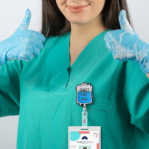 Miniatura 5 de Carrete retráctil de insignia Sweet Like D5W con clip de cocodrilo, divertido paquete de dextrosa con purpurina plateada, regalo para médicos,