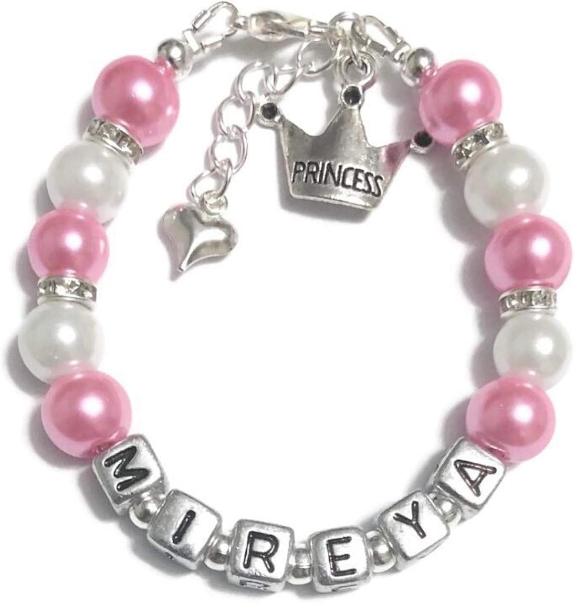 Personalized Princess Charm Girl's Bracelet-Beaded Name Bracelet-Birthday/Christmas/Easter/Valentine/New Baby Gift (Aquamarine): Clothing, Shoes & Jewelry
