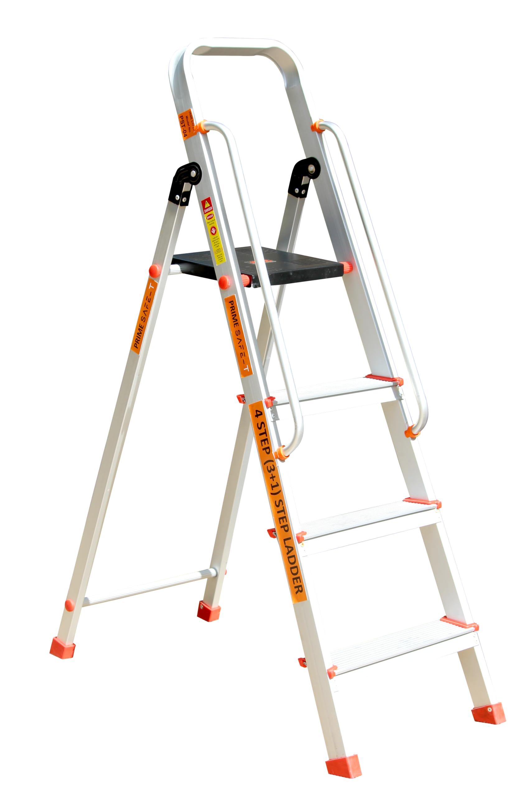 Prime Safe-T 4steps (3steps + Platform) Foldable Aluminium Ladder for Home and Office Use with Hand-Rails | Anti-Skid PVC Shoes | Garment Guards | Heavyduty Antiskid Platform