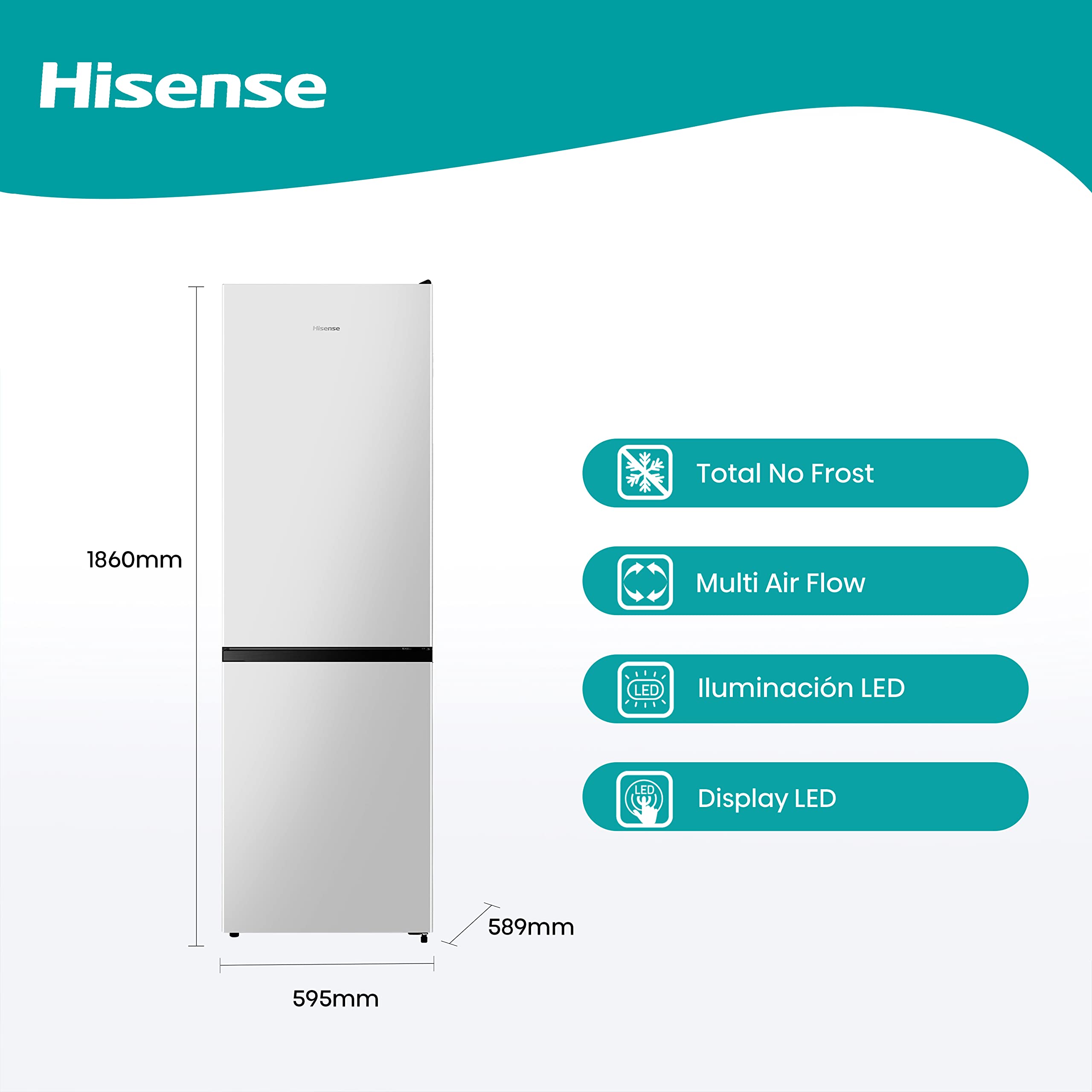 Hisense RB390N4AWE - Frigorífico Combi, Eficiente Clase E, Capacidad 304 L con 186 cm Alto, Cajón Verduras, 4 Estrellas Congelador, Puerta Reversible, Silencioso 39dB, Color Blanco