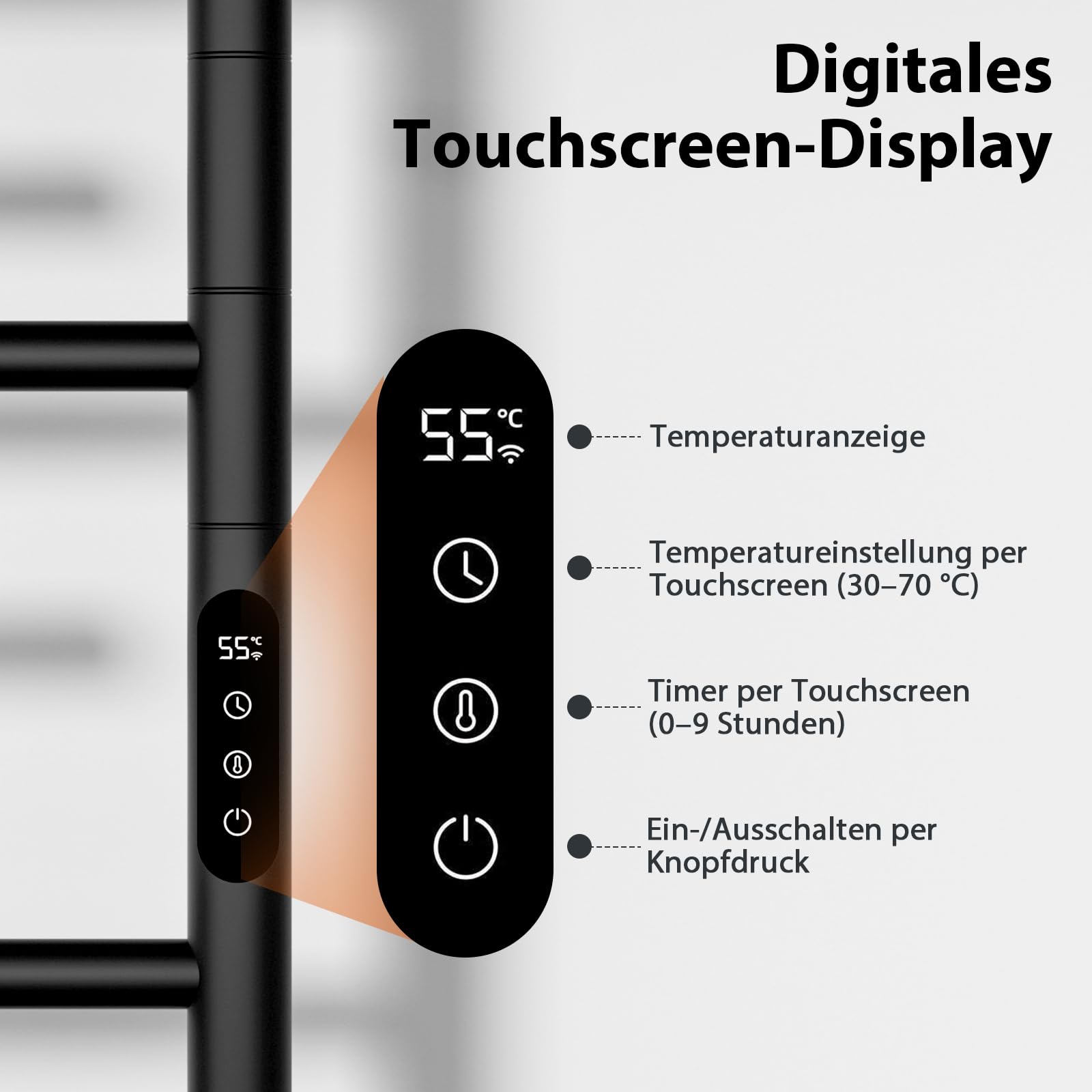 Handtuchheizkörper, Badheizkörper Elektrisch, Bad Handtuchtrockner Elektrisch, 850×520 Mm, 180° Drehbare Stange, Thermostat, Heizstab 250W, Handtuchhalter, Bad Heizkörper. (Schwarz)