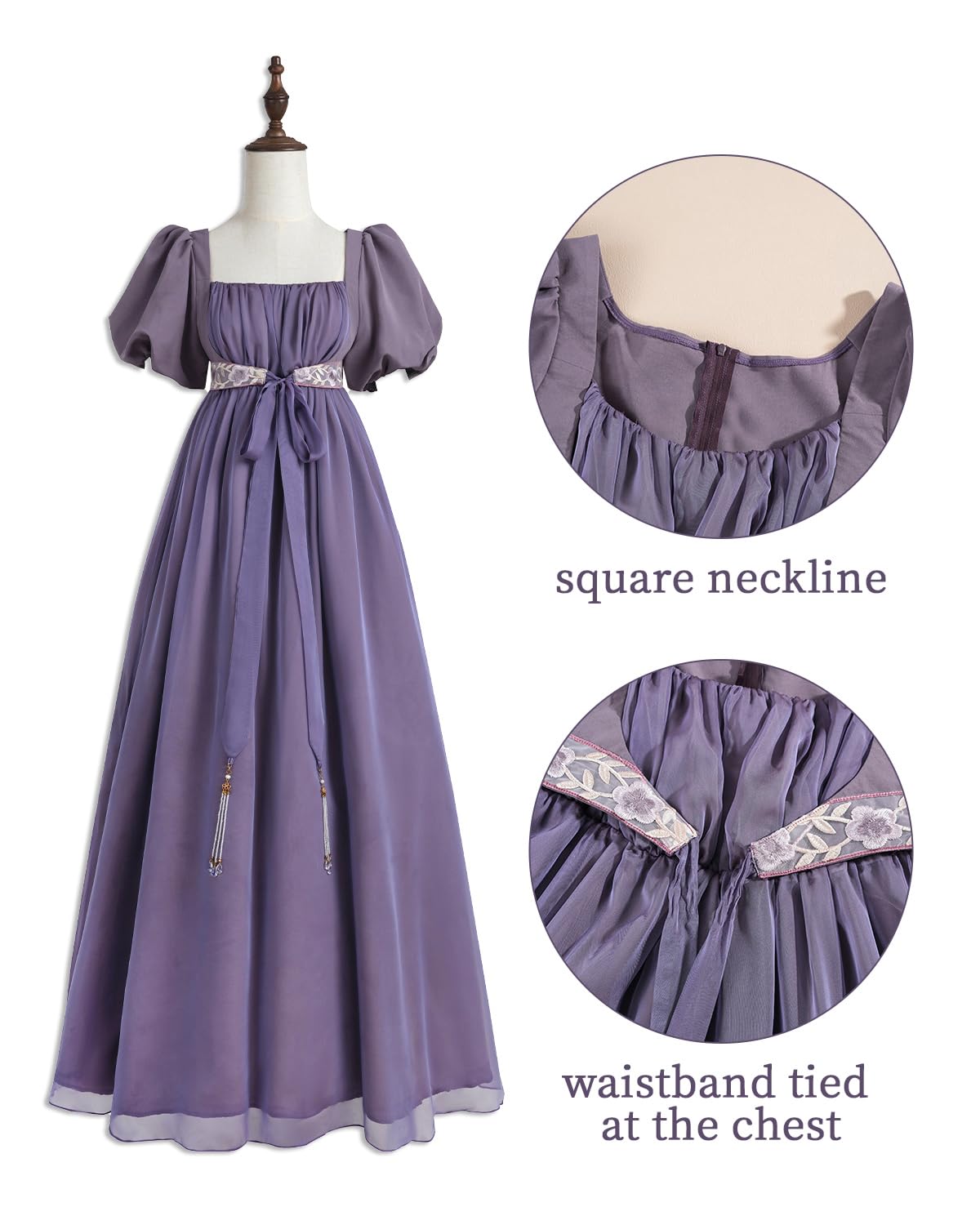 CR ROLECOS Regency Dress for Women Empire Waist Regency Era Costume Victorian Tea Party Gown Purple S, Deep Purple - Image 2