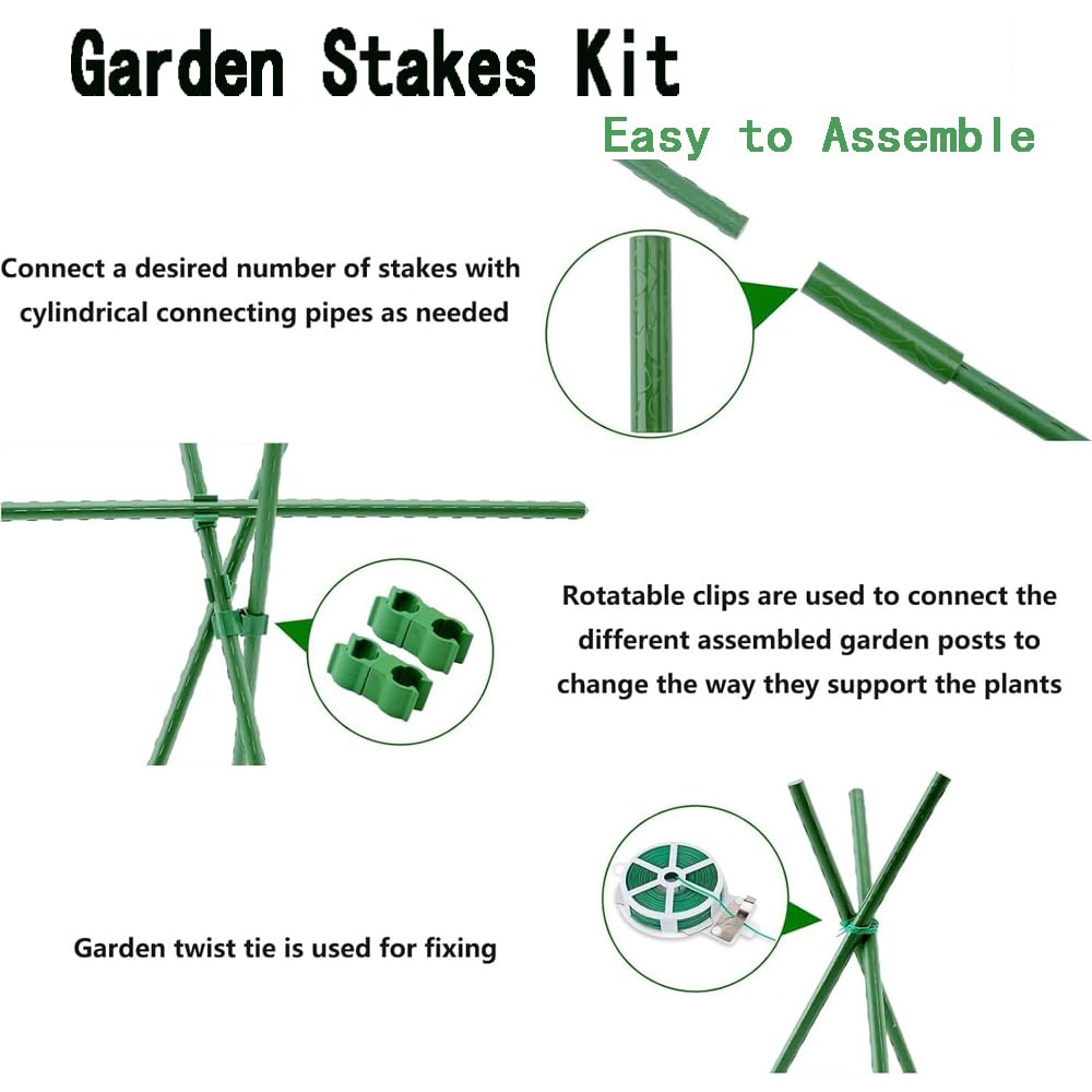 Lot de 30 tuteurs pour plantes grimpantes - Tube en acier inoxydable revêtu de plastique - 40 cm de diamètre - 11 mm de diamètre - Avec 20 connecteurs et 30 clips multifonctions - Tuteur pour pois