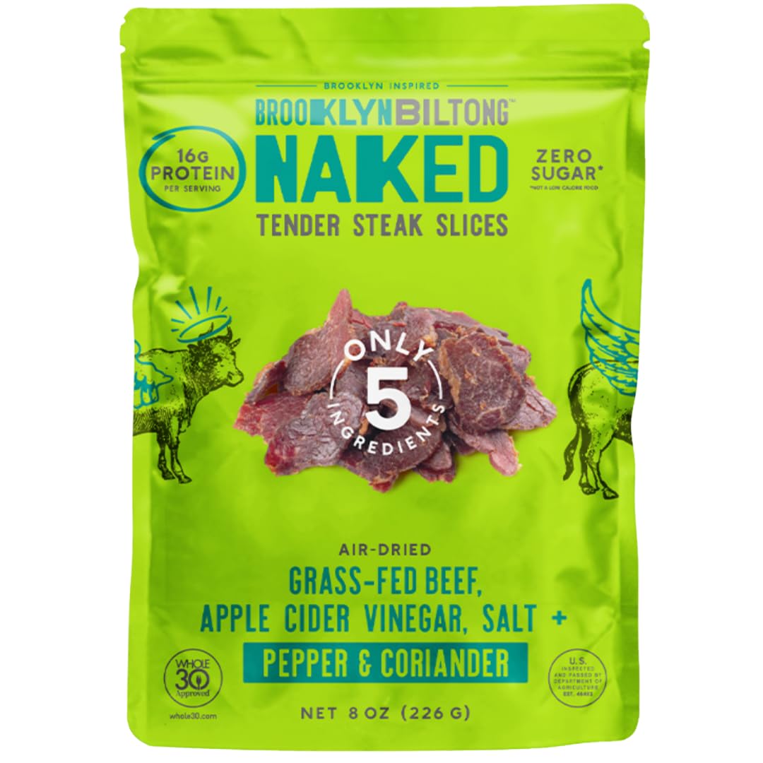 Brooklyn Biltong Air Dried Grass Fed Beef Snack, South African Beef Jerky (Pepper & Coriander, 8 oz, Pack of 1)- Whole30 Approved, Paleo, Keto, Gluten Free, Sugar Free