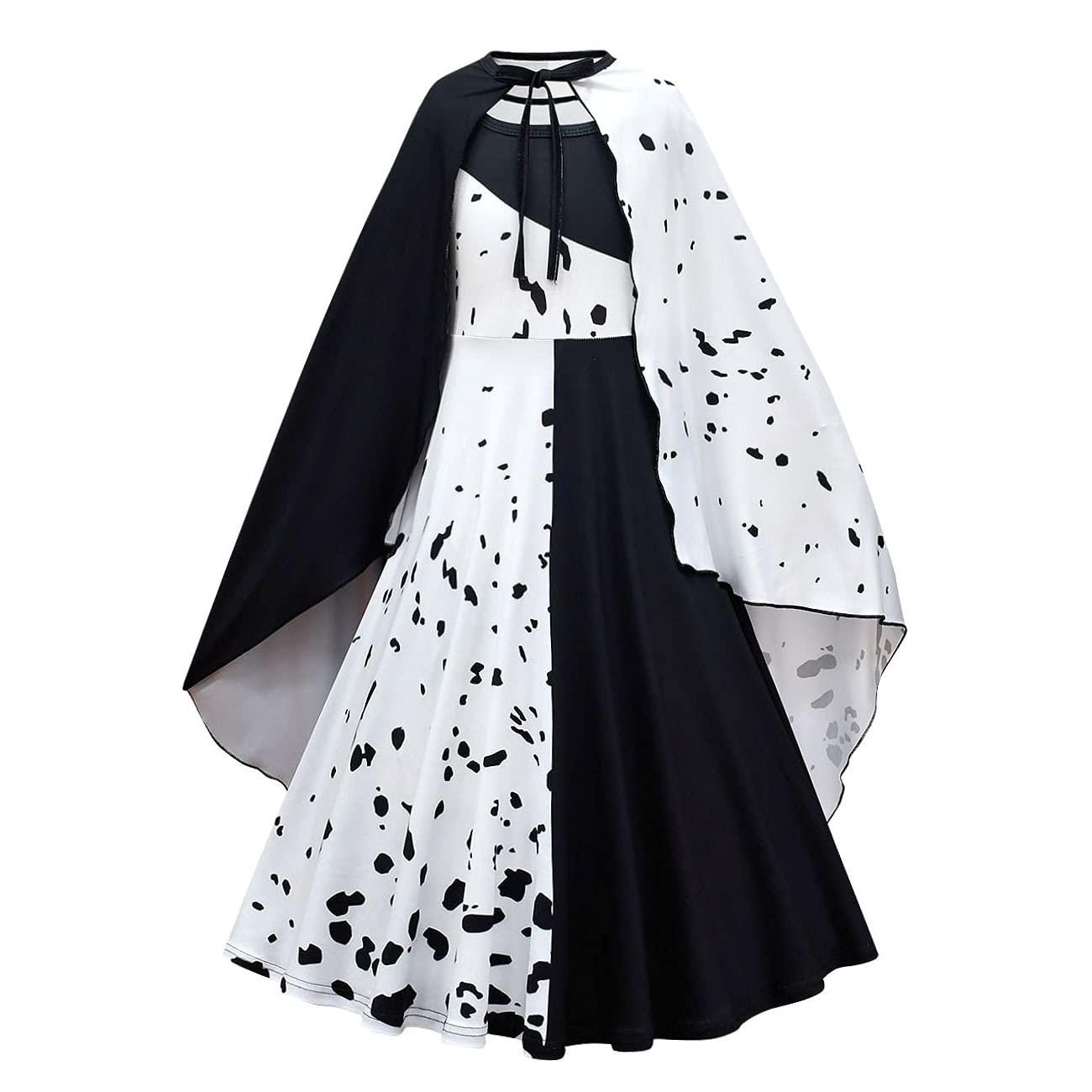 Lito Angels Cruella Dalmatian Black and White Spots Halloween Costume Fancy Dress Up with Cape for Kids Girls Age 9-10 Years