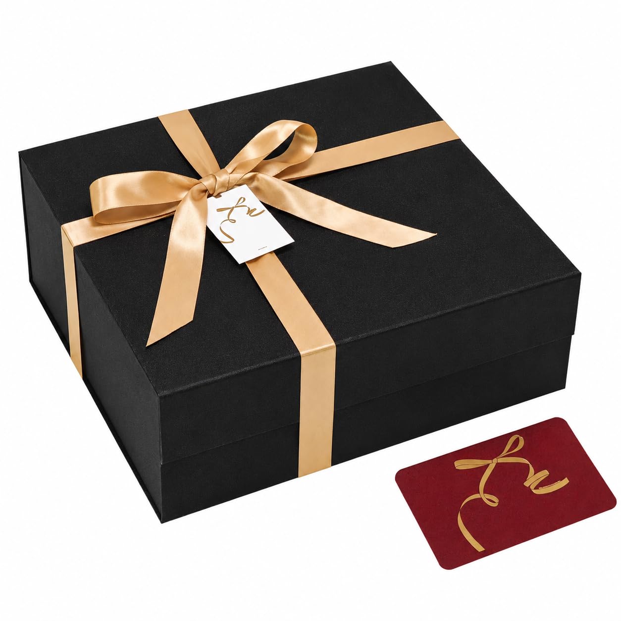 BloomWrap Black Large Gift Box with Lid 33.5 x 30 x 12.5 cm, Shimmer Finish Magnetic Closure Foldable Present Box with Ribbon, Card & Gift Tag