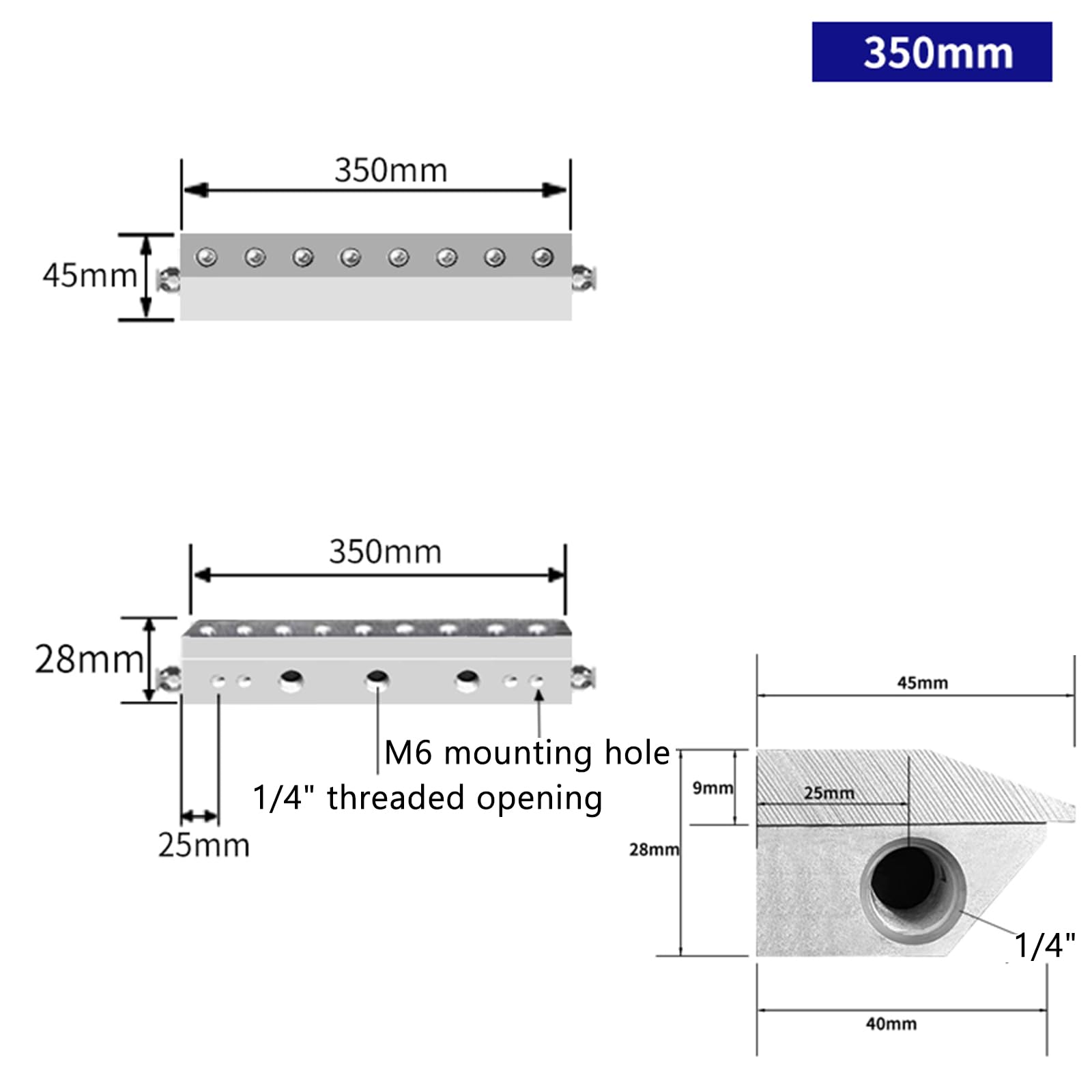 Przemysłowa dmuchawa nożowa, stop aluminium, długość 150-600 mm, gwint wewnętrzny 1/4, szczelina wylotowa 0,05 mm, idealna do linii produkcyjnej ze sprężarką powietrza