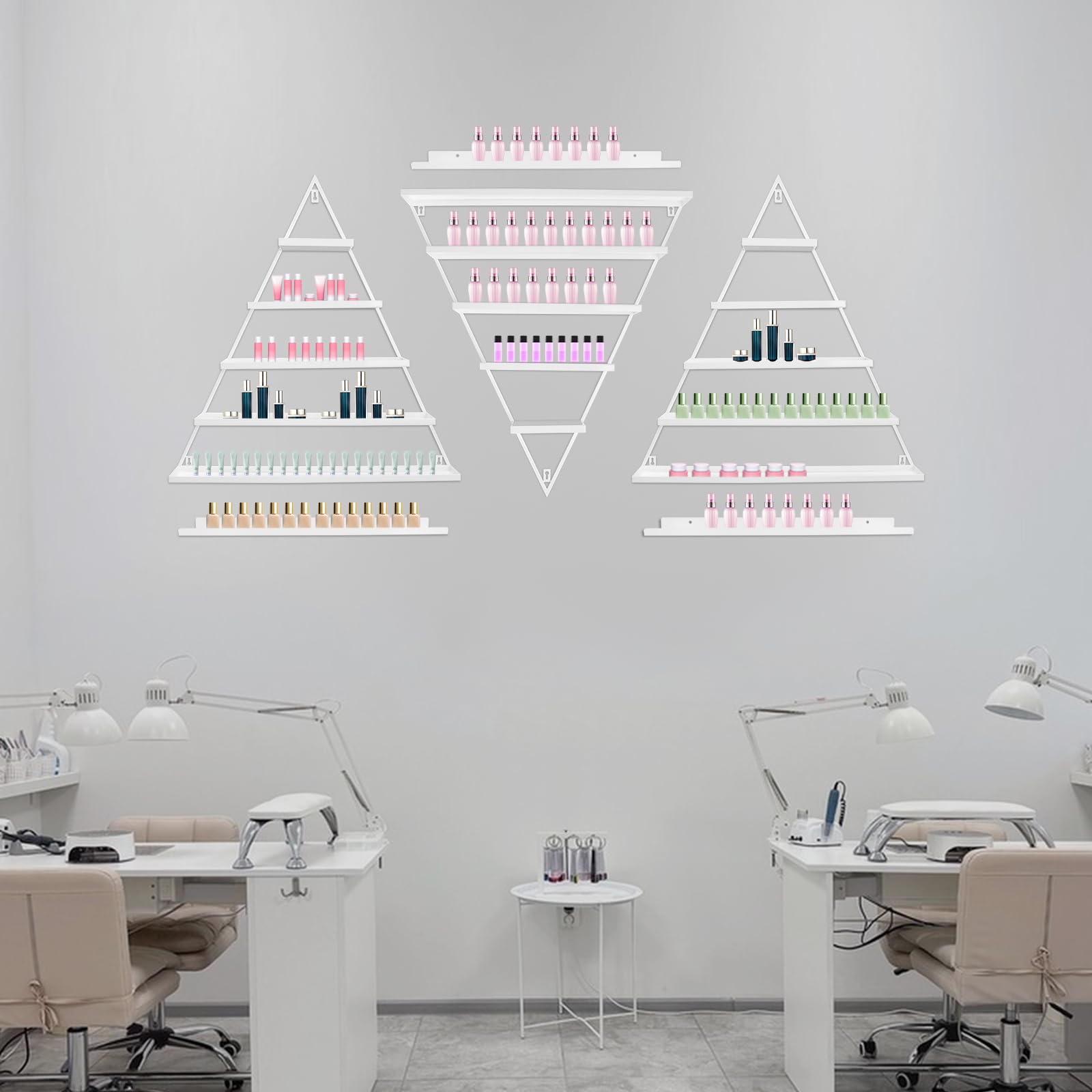 6 Sets Nagellack Regal, Wandmontierte Nagellack Ausstellungsregale, Dreieckiges Präsentationsregal, Atherisches Organizer bis 45kg , 66*7*70 cm, für Nagellack Parfüm Lipstick Ätherische Öle, Weiß