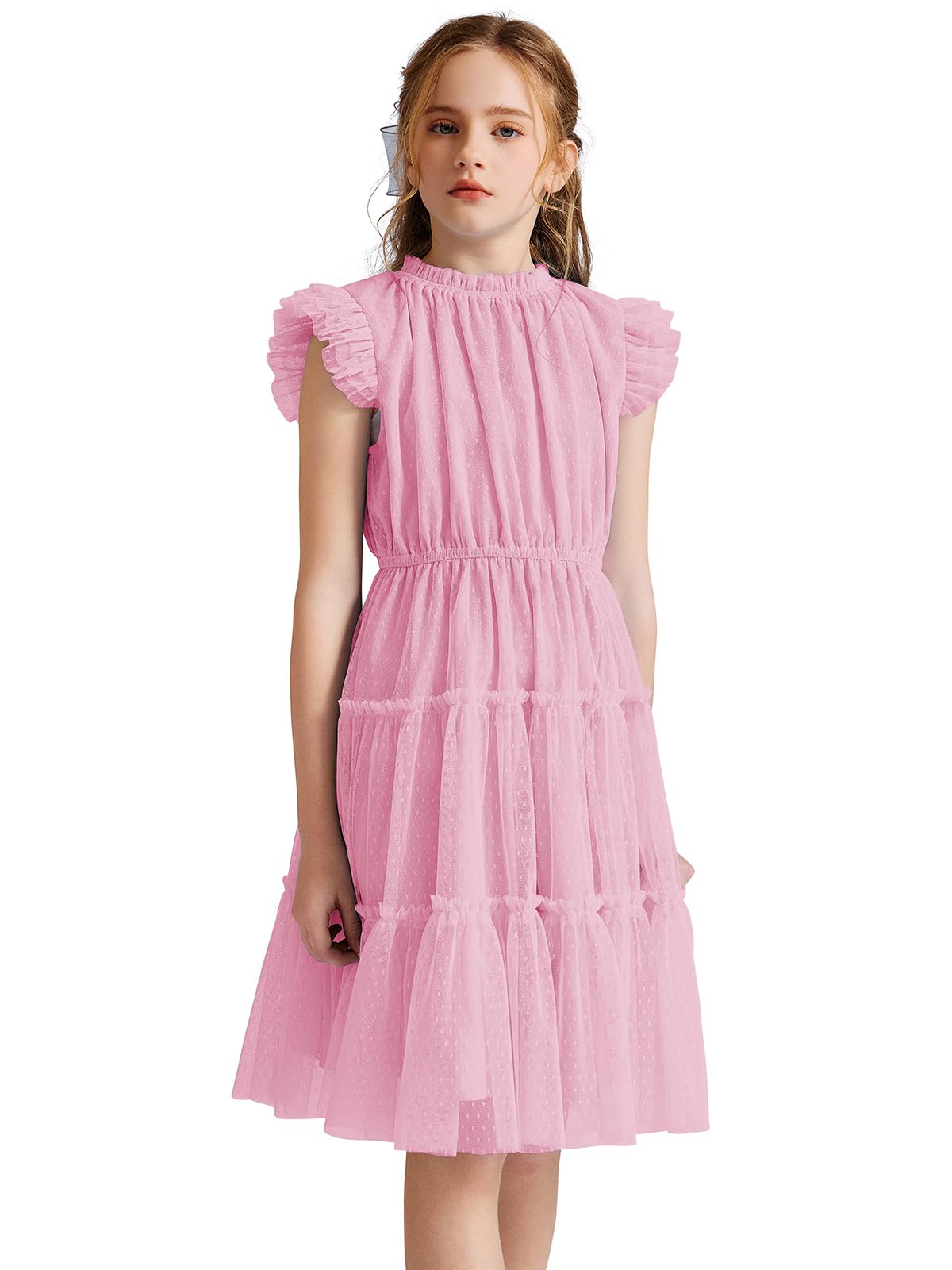 Quedoris Mädchen Tüllkleid, elastischer Hals und Taille, drei Schichten, Rüschenärmel, gestufter Rock, Party, Freizeitkleid