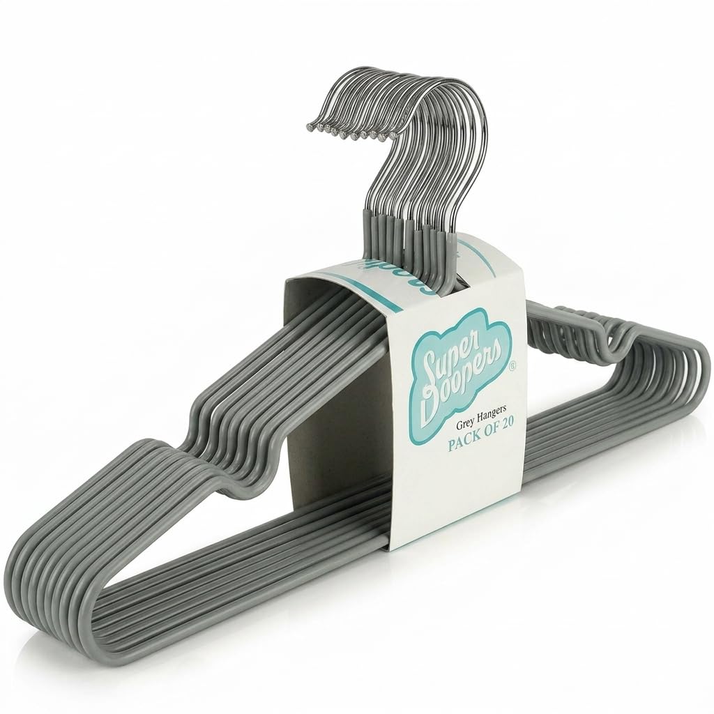 Super Doopers Grey Pvc Coated Metal Hangers - Metal Wire Hangers With Non-Slip Notches - Heavy Duty, Slim & Space-Saving Storage Holders For Clothes, Coats, Shirts - 40.5Cm Long, 18Cm Tall - 20-Pack