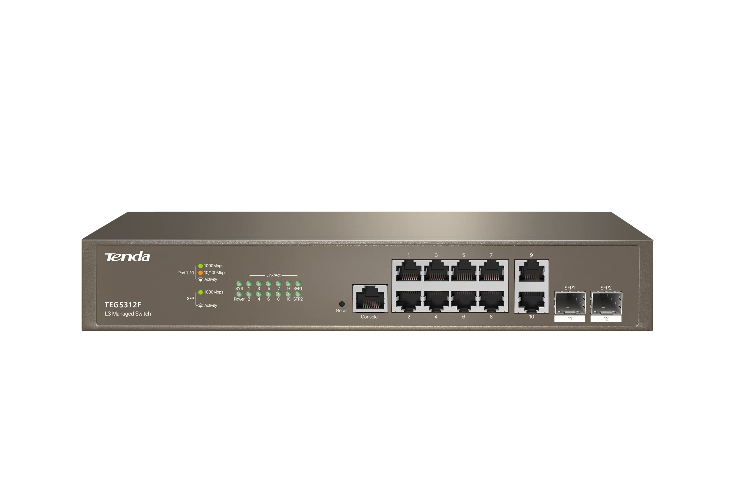 Tenda TEG5312F Switch Ethernet Gigabit Managed L3, 10 Porte Gigabit Base-T Ethernet con 2 Porte Gigabit Base-X SFP, QoS, Difese da Attacchi Multipli, Desktop e Montato su Rack, Struttura in Acciaio