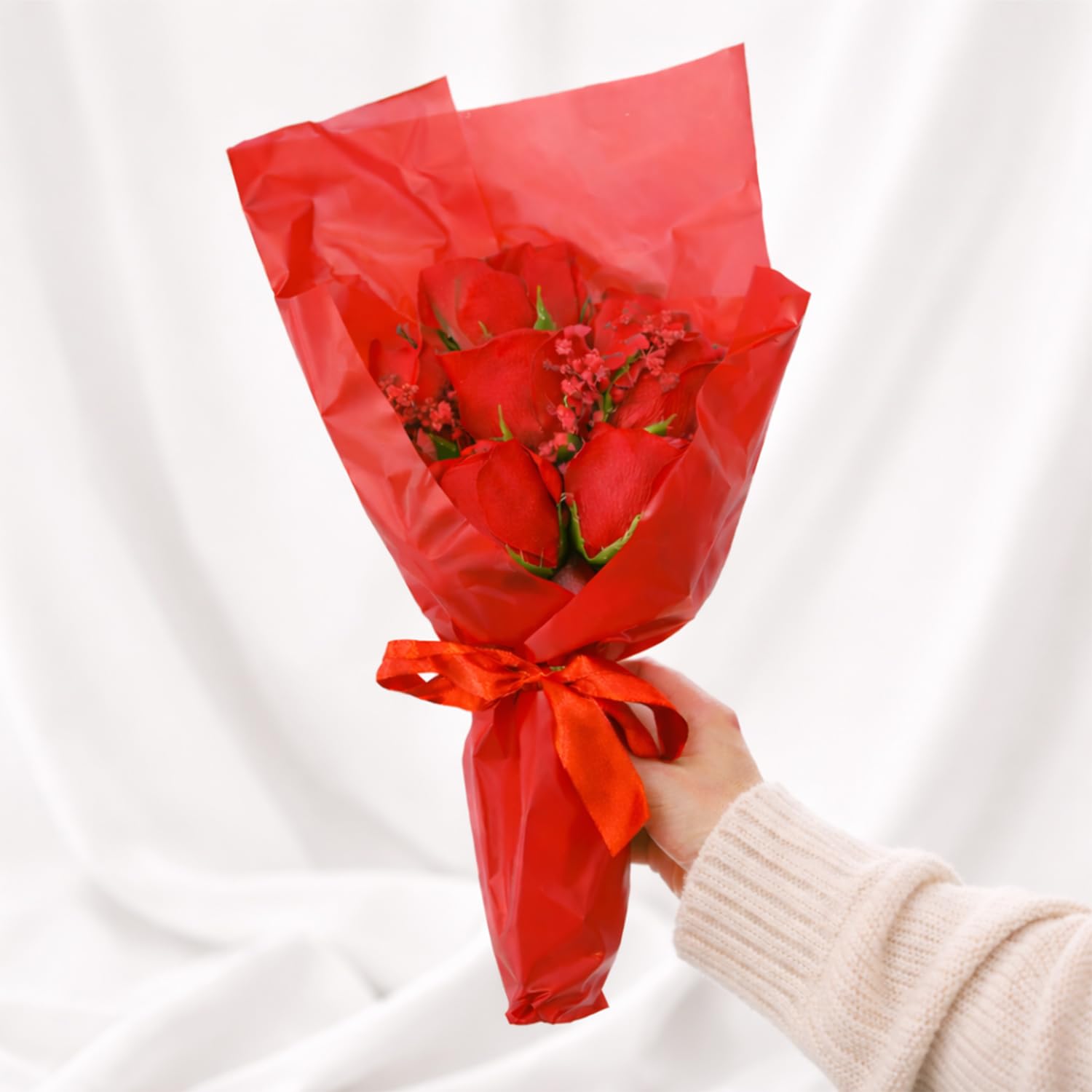 Rozi Decoration Red Artificial Rose Flower Bouquet Wrapped with Decorative Paper & Ribbon, Valentine Day Gift Box Alternative, Romantic Bouquet Gift for Girlfriend, Wife, Proposal & Anniversary
