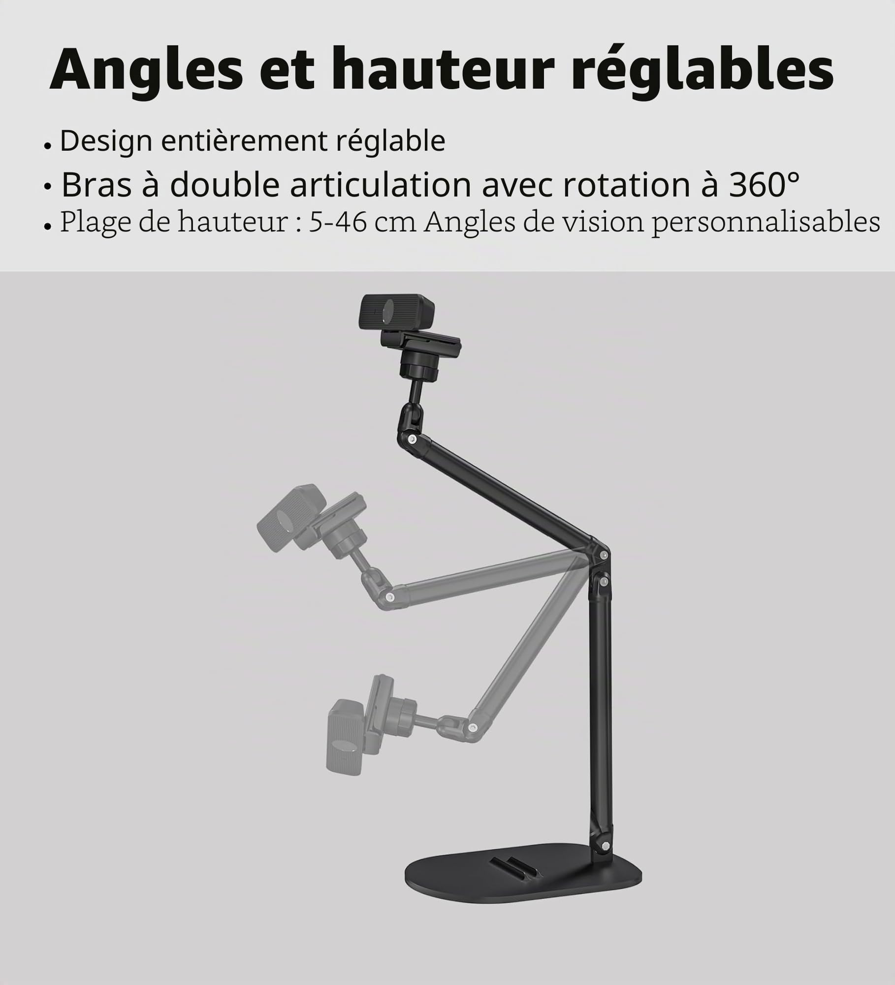 Support réglable pour webcam et téléphone – Double support pour téléphone et tablette, bureau robuste, hauteur et angle flexibles, construction en aluminium durable