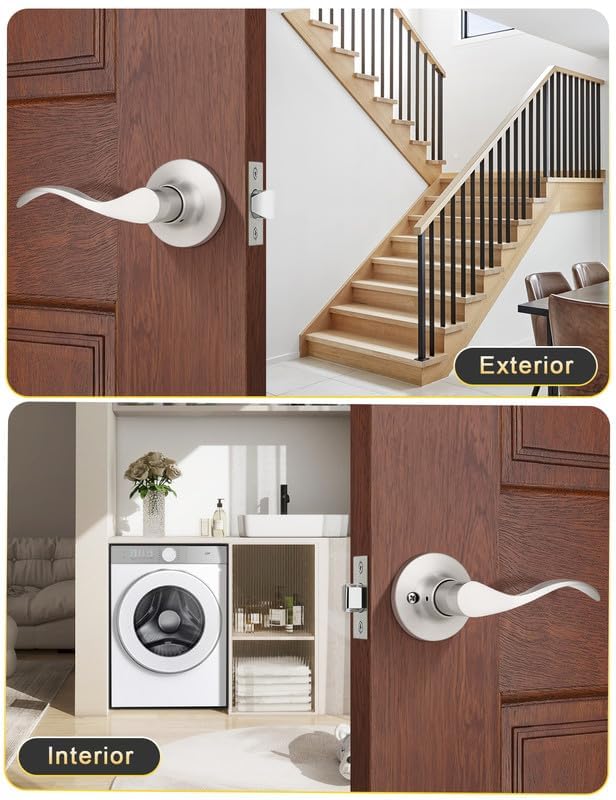 Image of Mengico 5 Pack Satin Nickel Modern Interior Passage Door Knobs, Keyless Door Handle for Hallway & Closet, Wave Style Non-Locking Door Lever Reversible for Left & Right Handed