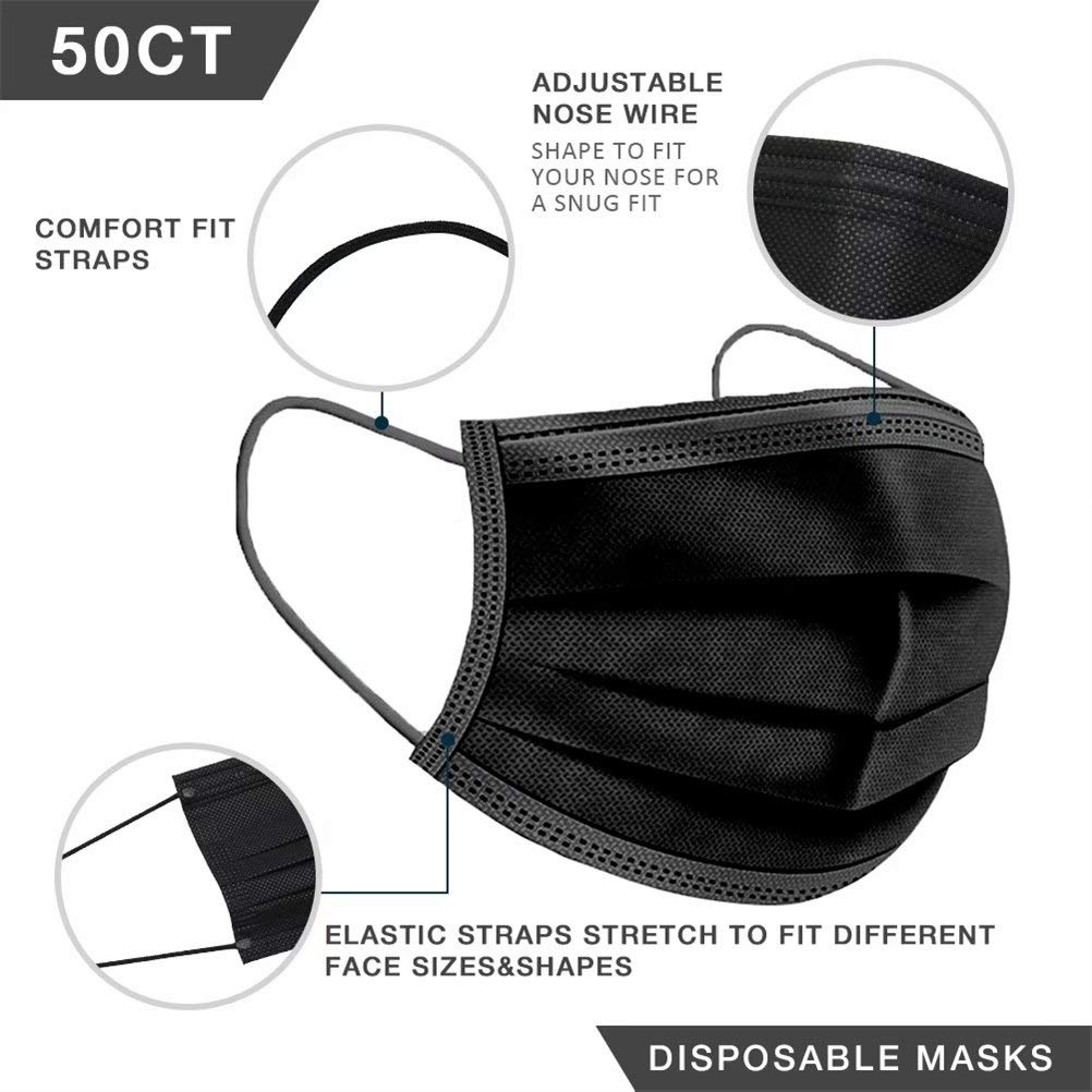 Exclusive Discount 70% Price Disposable Face Mask - 50pcs Comfortable Protective Masks for Home Office Travel, 3-Ply Breathable Safety Mask, Mouth Cover (Black)