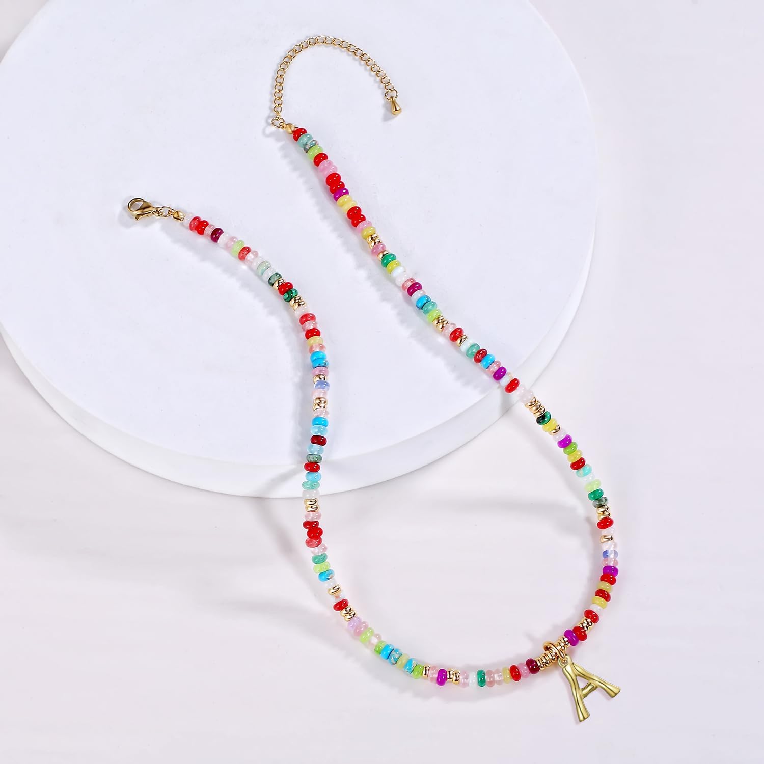 YOUFENG Initial Letter Necklaces for Women Colorful Beaded Gemstone Choker 14K Gold Plated Bamboo Letter Pendant Necklace Natural Stone Handmade Jewelry Gift - Image 2