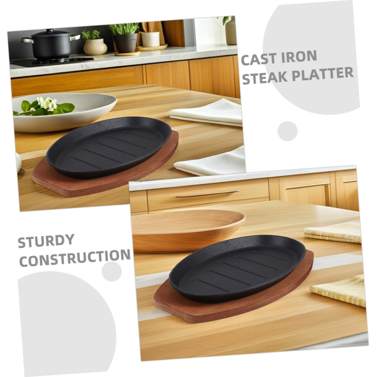 Cast Iron Skillet Set Sizzling Steak Grill Pan with Wooden Base Striped Platter for Authentic Grill Marks Efficient Heat Retention for Home Bbq And Parties
