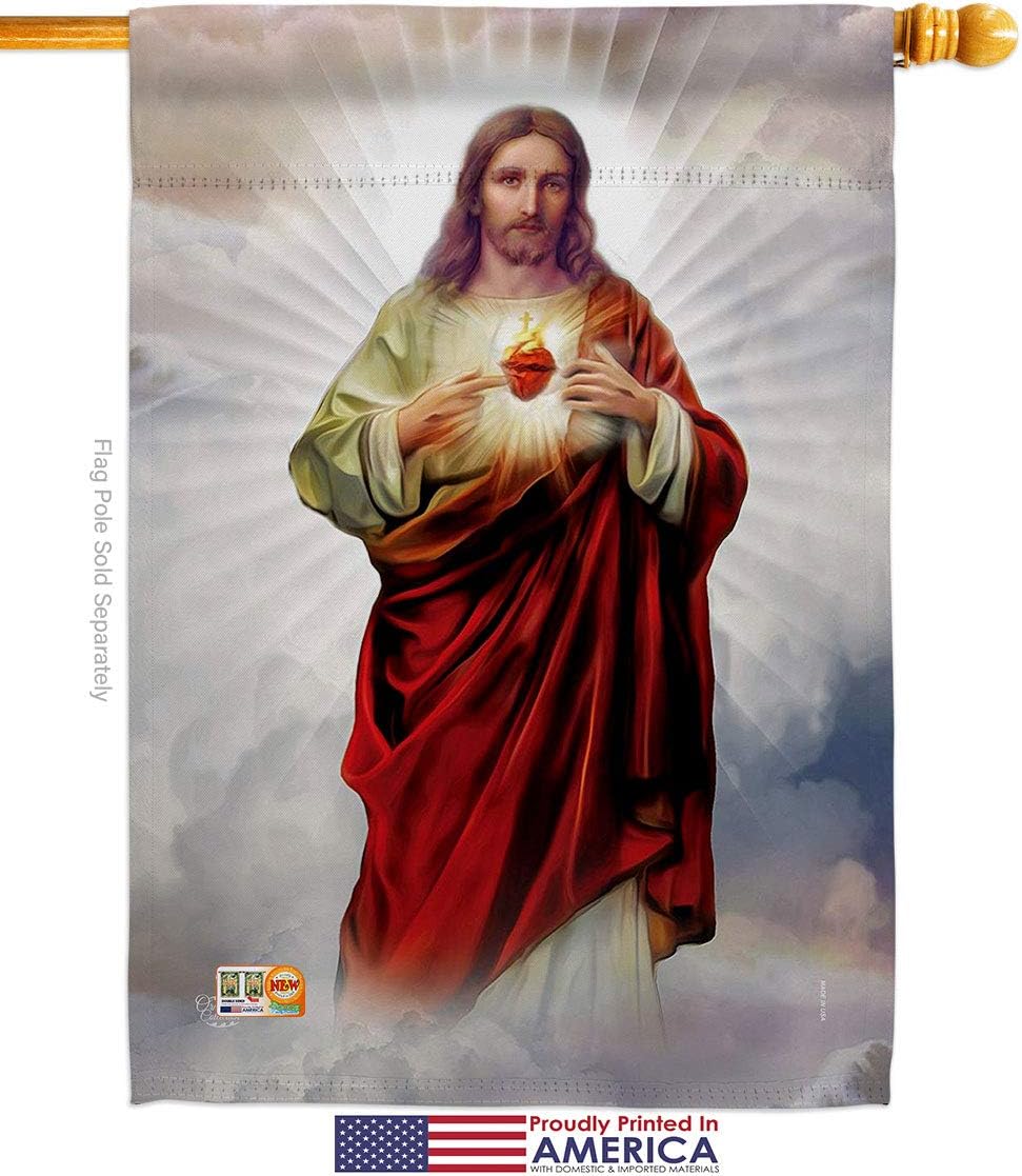 Sacred Heart of Jesus House Flag Dowel Set Religious Faith Hope Grace Peace Dove Christian Religion Easter Small Decorative Gift Yard Banner Made in USA 28 X 40