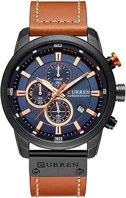 MASTOP Mens Chronograph Sport Watch Multi fonction Brown Leather Band Waterproof Analog Quartz Watch for Men