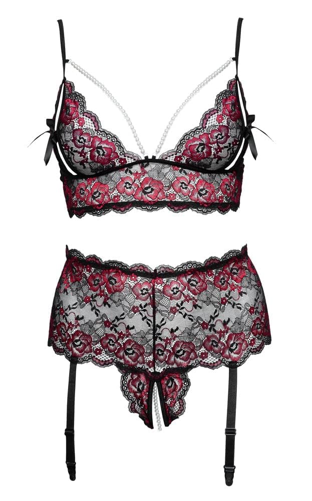 Cottelli Collection Cottelli Curves Crotchless Red Lace Peek-a-Boo Bra Set Plus Size - Black - XL/2XL