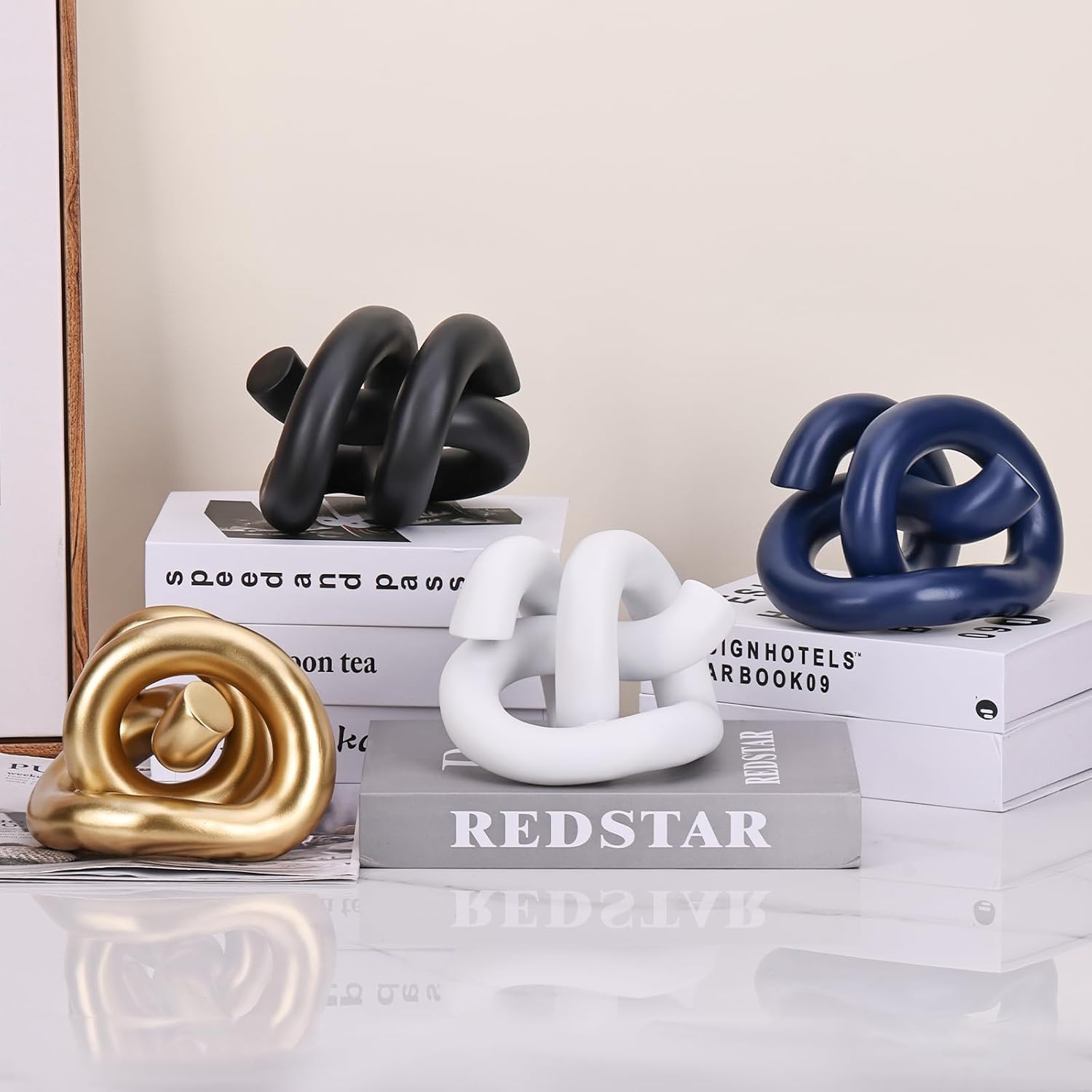 Funky Abstract Blue Knot Knick Knacks - Navy Blue Accent Decor for Coffee Table & Tv Stand, Modern Geometric Sculpture Scandinavian Minimalist Home Statue Decorative Objects Entryway Bookcase Book