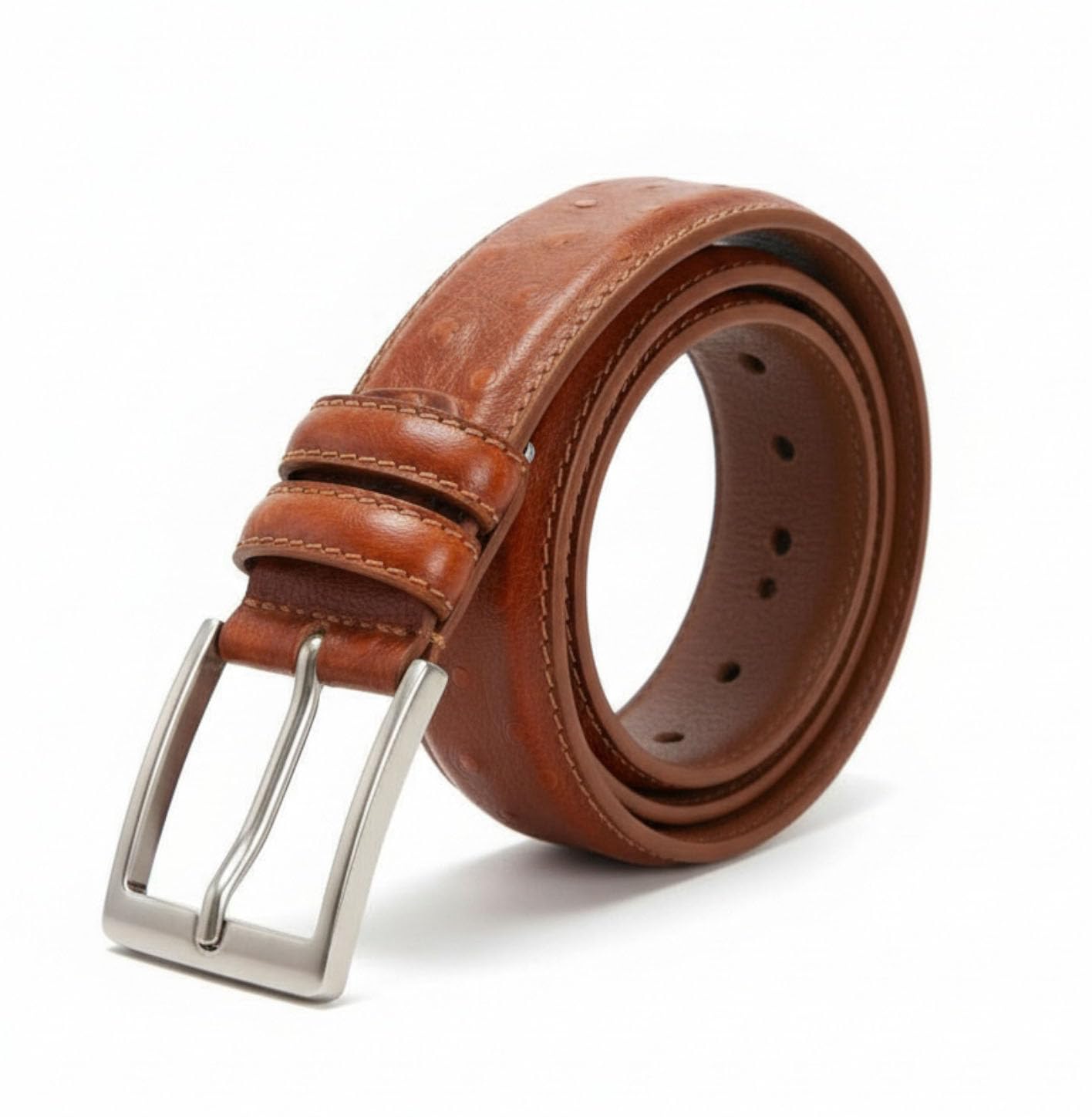 Ivan Troy Men’s Casual Italian Leather Embossed Ostrich Belt|Dress Belt With Jean Classic Silver Buckle