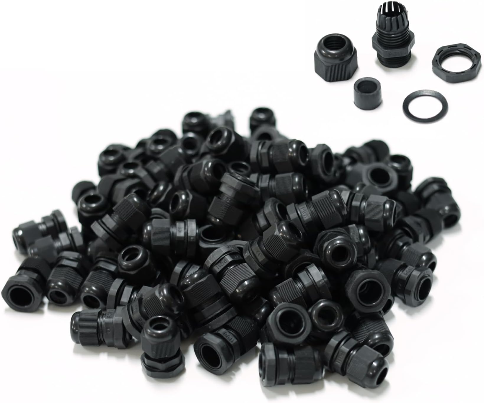 100 pcs PG11 Waterproof Cable Gland Connector Black Plastic Adjustable IP68 M18 Thread Cable Gland with Locknut Rubber Ring for 5-10mm Wire
