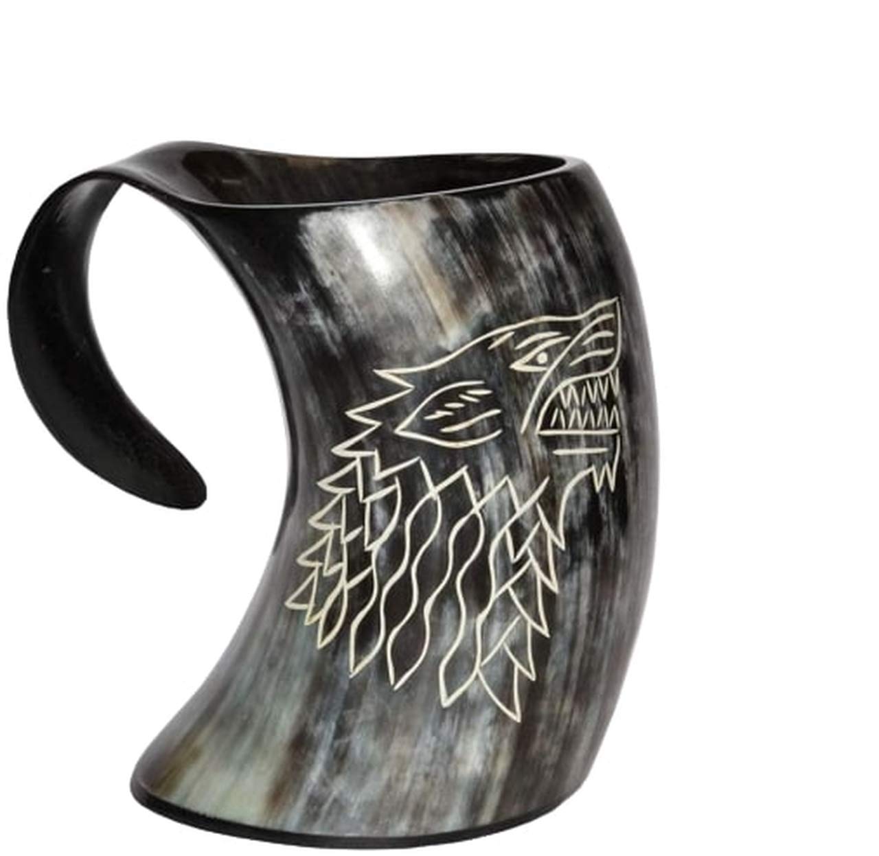 Taza de cuerno Vikingo Stark de Juego de Tronos hecha en madera con diseño de lobo huargo