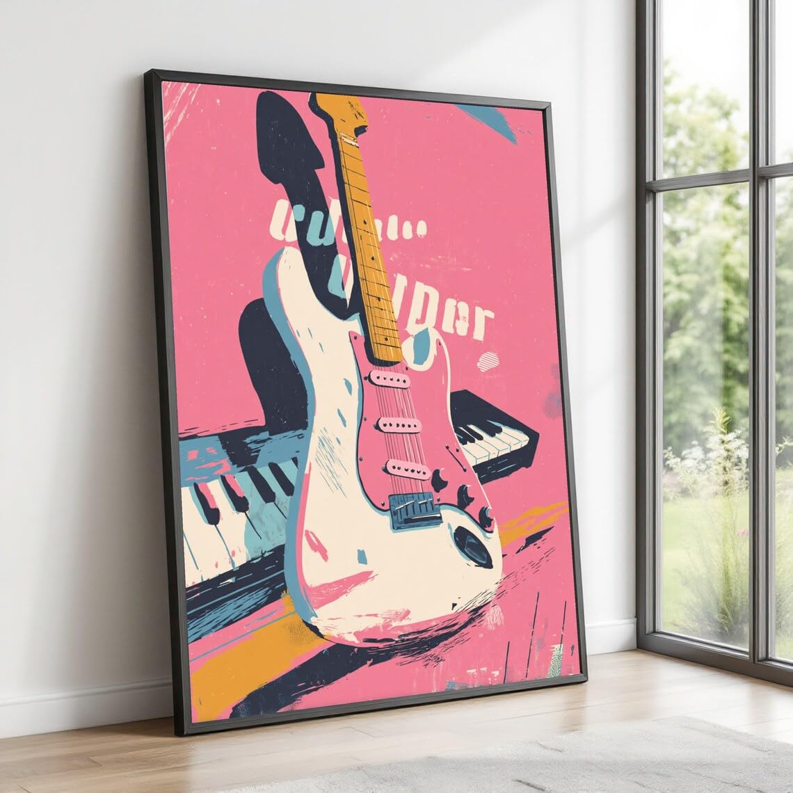 XINBAO Vintage gitara retro fortepian sztuka ścienna ilustracja instrument muzyczny różowe tło dekoracja muzyczna (50 x 75 cm / wewnętrzna rama)