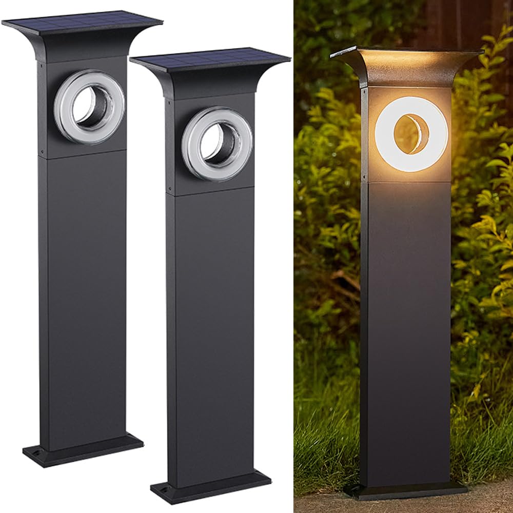 Solar Square Pathway Light Set of 2 Black Aluminum Landscape Path Lights 25 6 Outdoor Waterproof LED Bollard