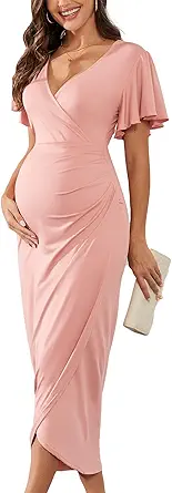 Maternity Wrap Dress V Neck Ruffle Sleeves