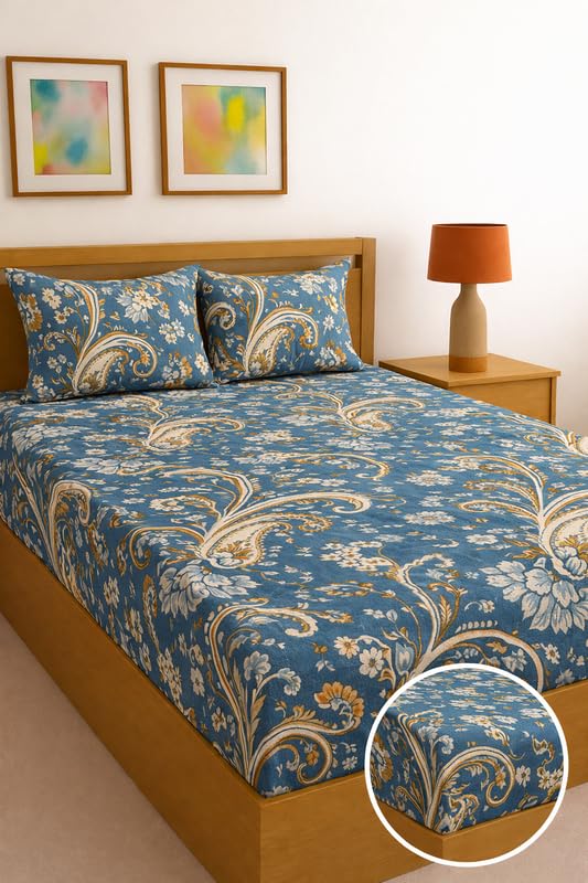 Image of Fitted Sheet Blue Paisley Floral Print Fitted Bedsheet | Glace Cotton 140 TC | Single Size (36x75 inch) with 2 Pillow Covers (18x28 inch) | Deep Pocket up to 10 Inches - Soft & Comfortable