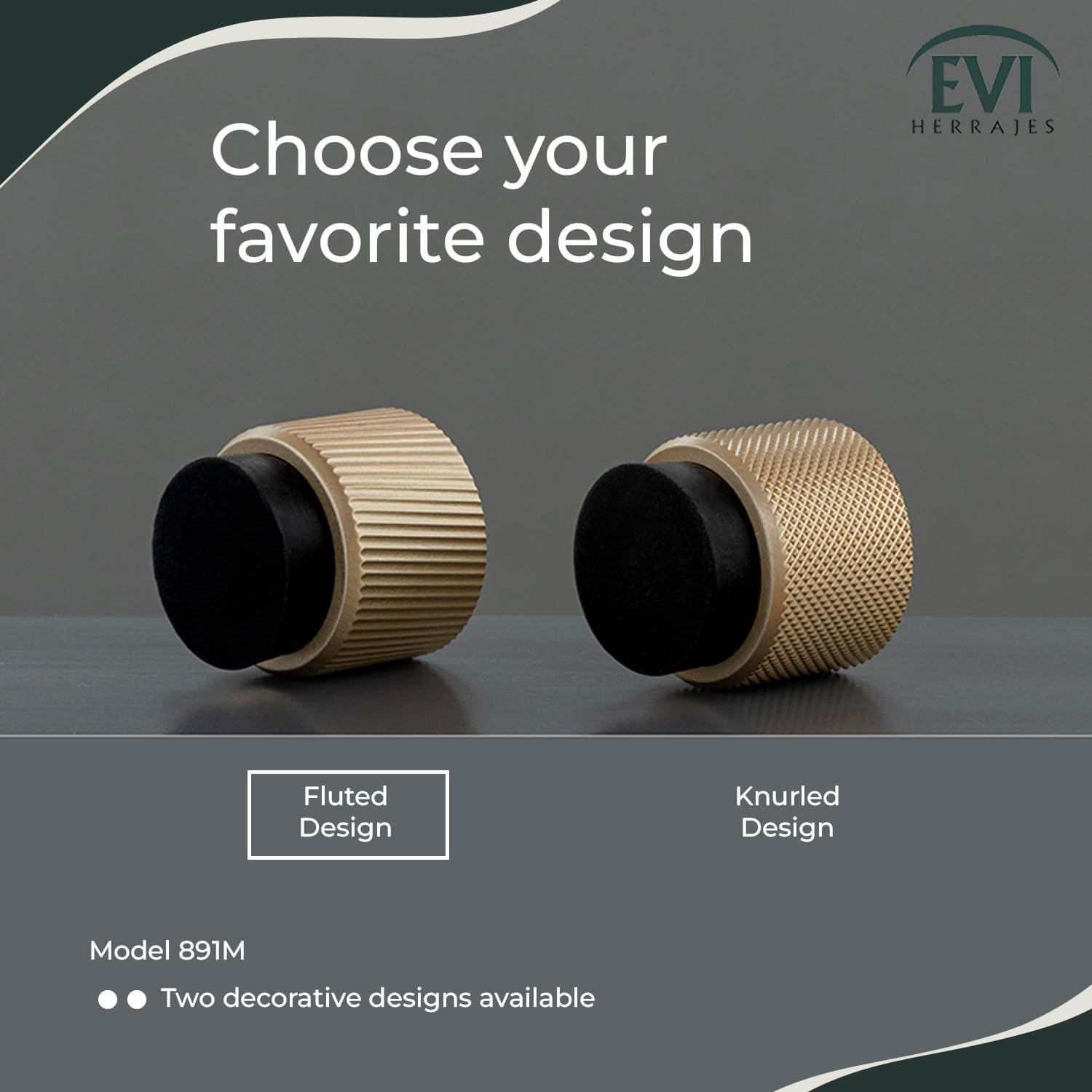 EVI Herrajes | Designer Wall Door Stop - Fluted Texture - 1.1" x 1.1" - Brass Matte Finish Black Rubber - Adhesive and Screw Fastening