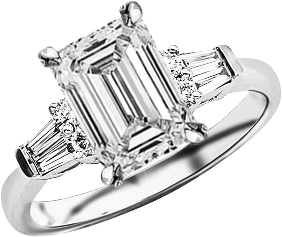Houston Diamond District 2 to 5.5 Carat Center LAB GROWN DIAMOND Prong Set Round And Baguette Emerald Cut Diamond Engagement Ring (E-F Color VS1-VS2 Clarity)