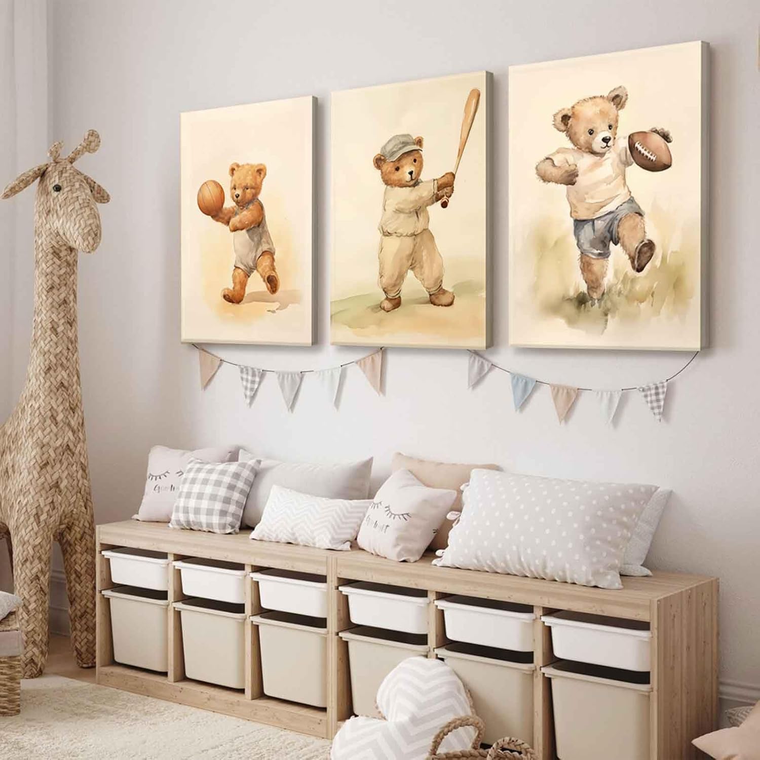 3Pcs Teddy Bear Sports Nursery Animal Canvas Wall Art Cute Woodland Baby Bear Rugby Wall Decor Pictures Football Basketball Baseball Kids Room Posters Prints for living Children Bedroom Decoration