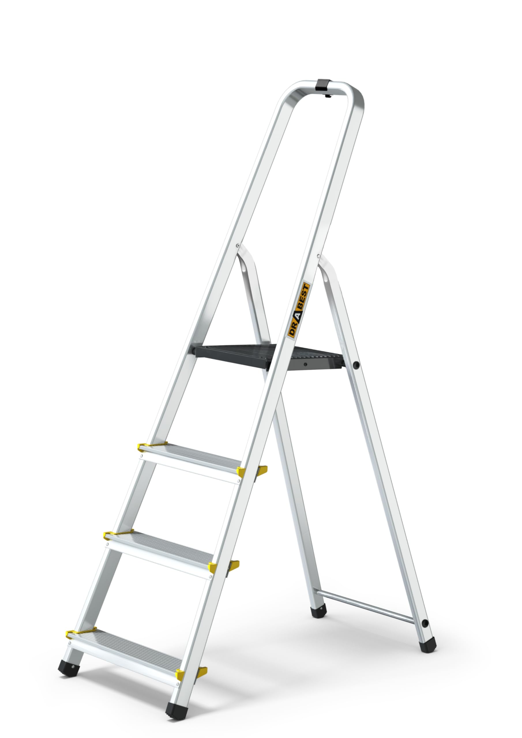 Drabest 4-step aluminum ladder, 150 kg load capacity, foldable, non-slip treads, sturdy frame, compact for storage, equipped with a practical tool hook