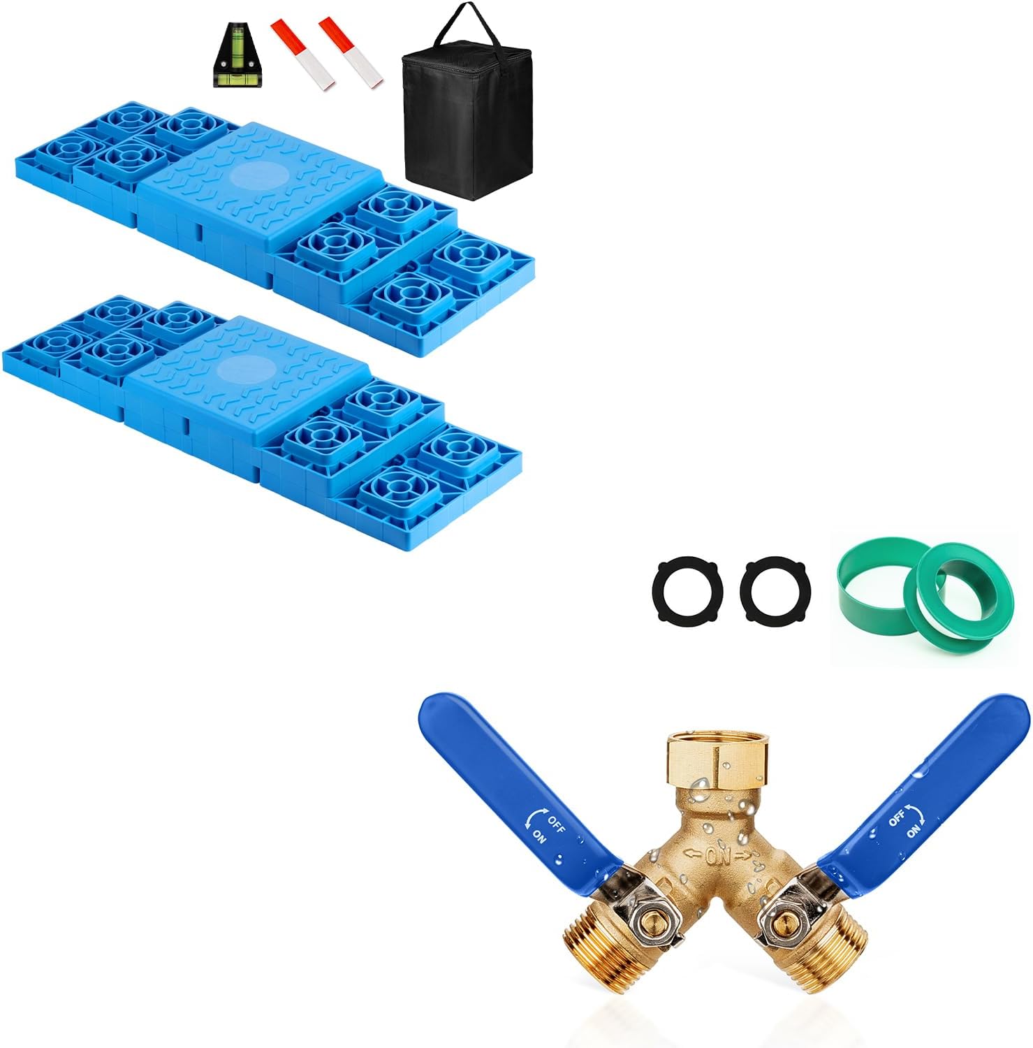 12 Pack Anti-Slip Design RV Leveling Blocks Stabilizer Jack Pads and 2 Way Heavy Duty Brass Spigot Hose Splitter Garden Water Hose Splitter (Blue)